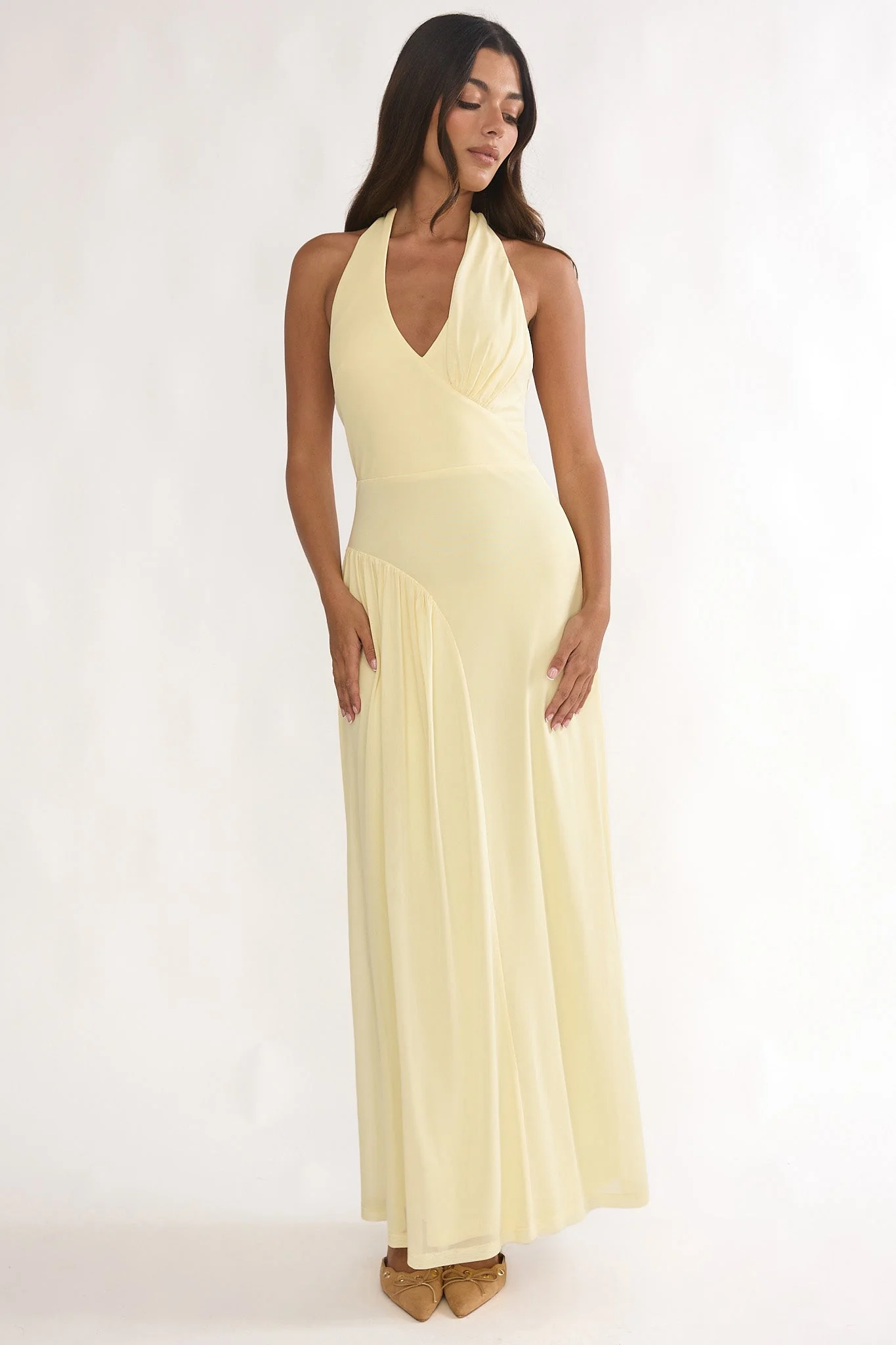 Ziera Ruched Insert Halter Maxi Dress Butter