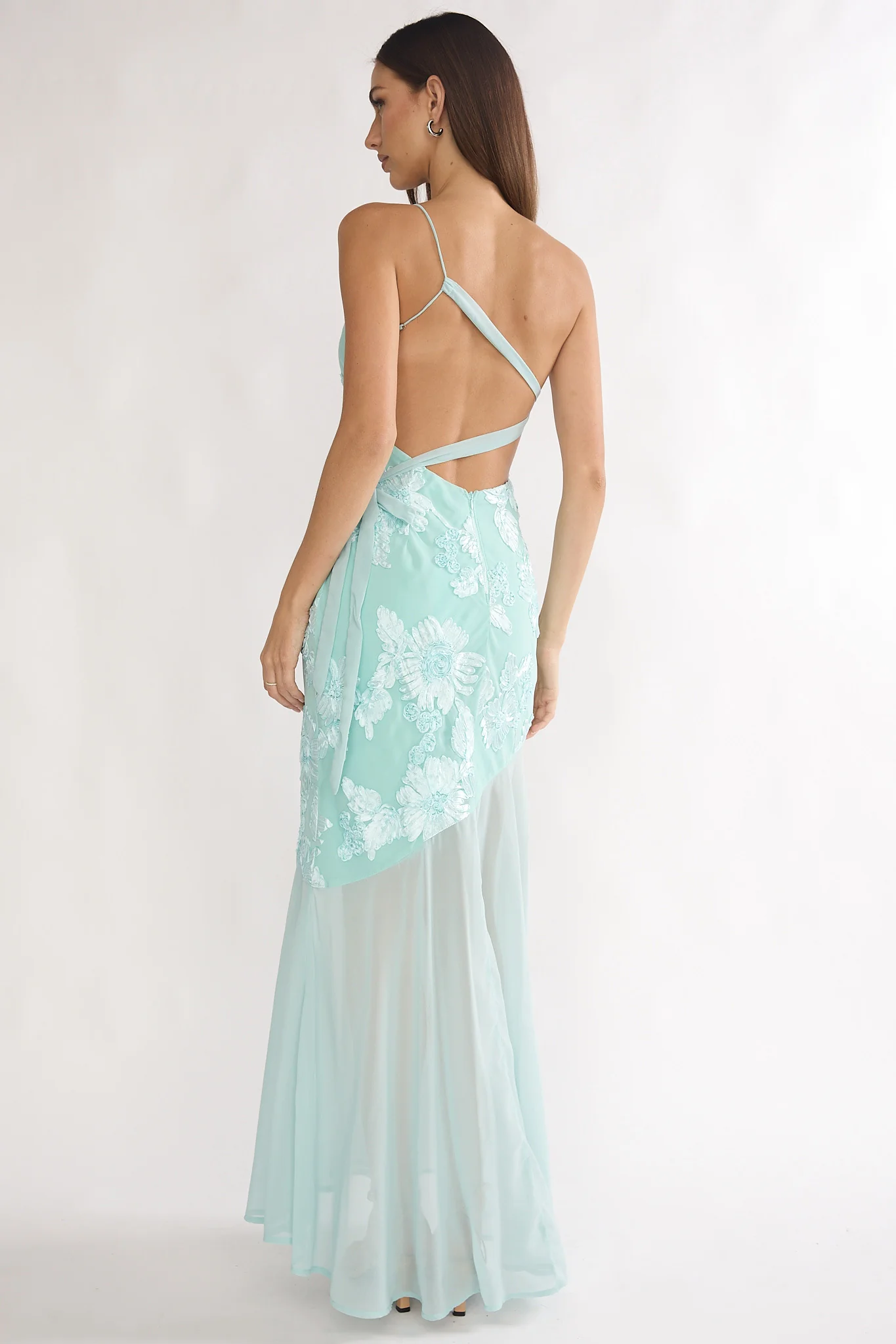 Mireya One-Shoulder Sheer Hem Maxi Dress Aqua