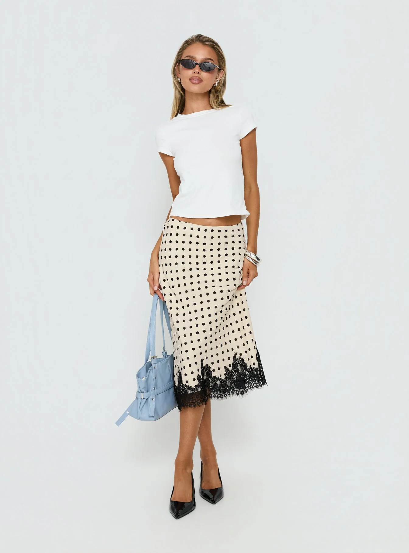 Downtown Scene Lace Trim Maxi Skirt Cream Polka