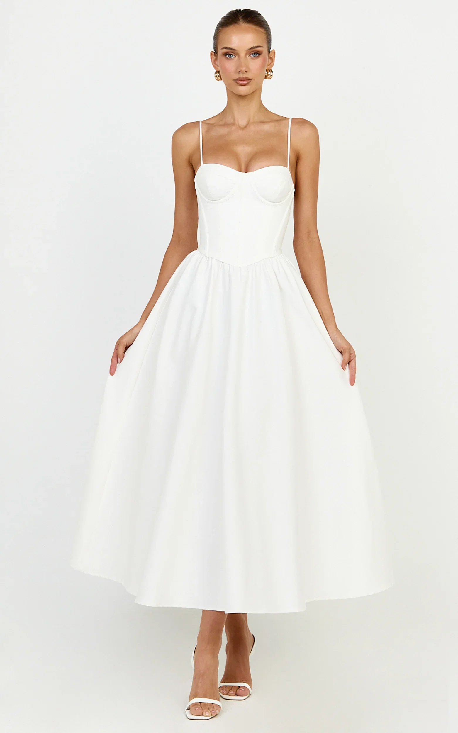 Seren Midi Dress - Corset Bodice Fit And Flare Dress in White