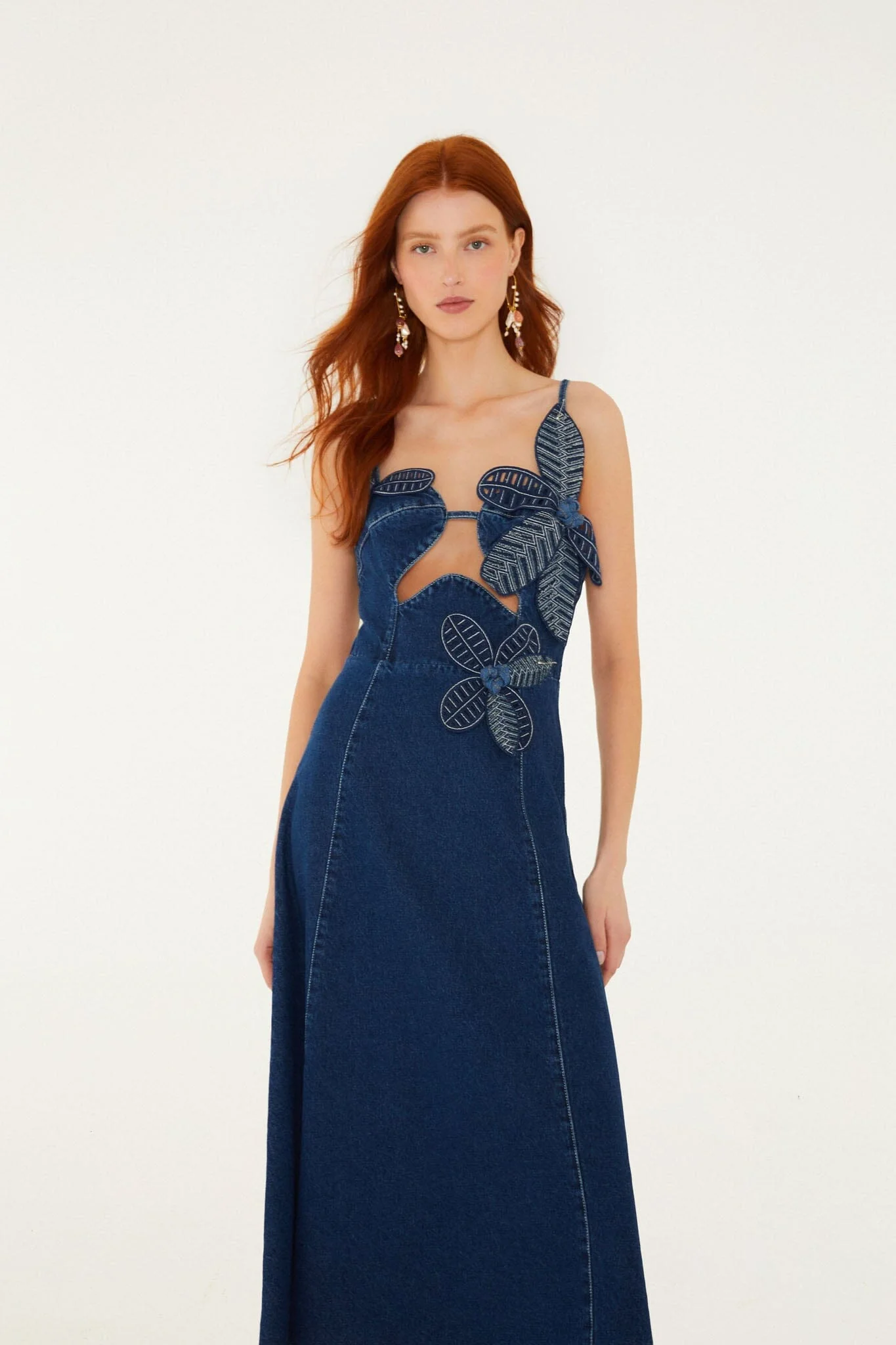 Denim 3D Flower Cut-Out Midi Dress
