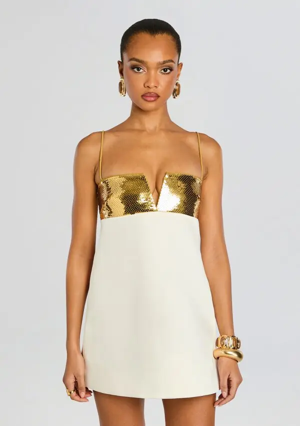 A-Line Mini Dress with Gold Sequin Bustier White