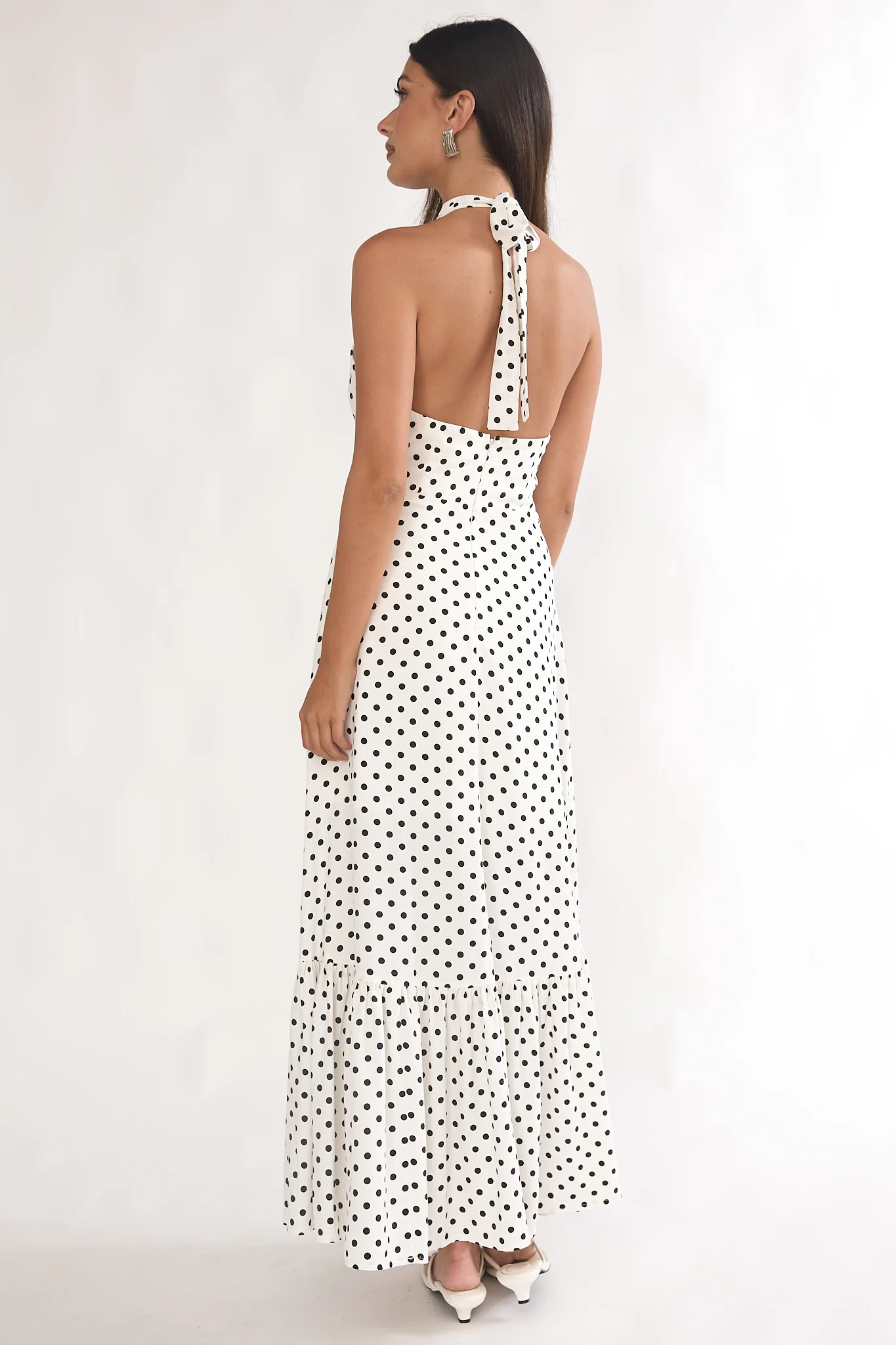 Romana High Neck Halter Maxi Dress Polka Dot White