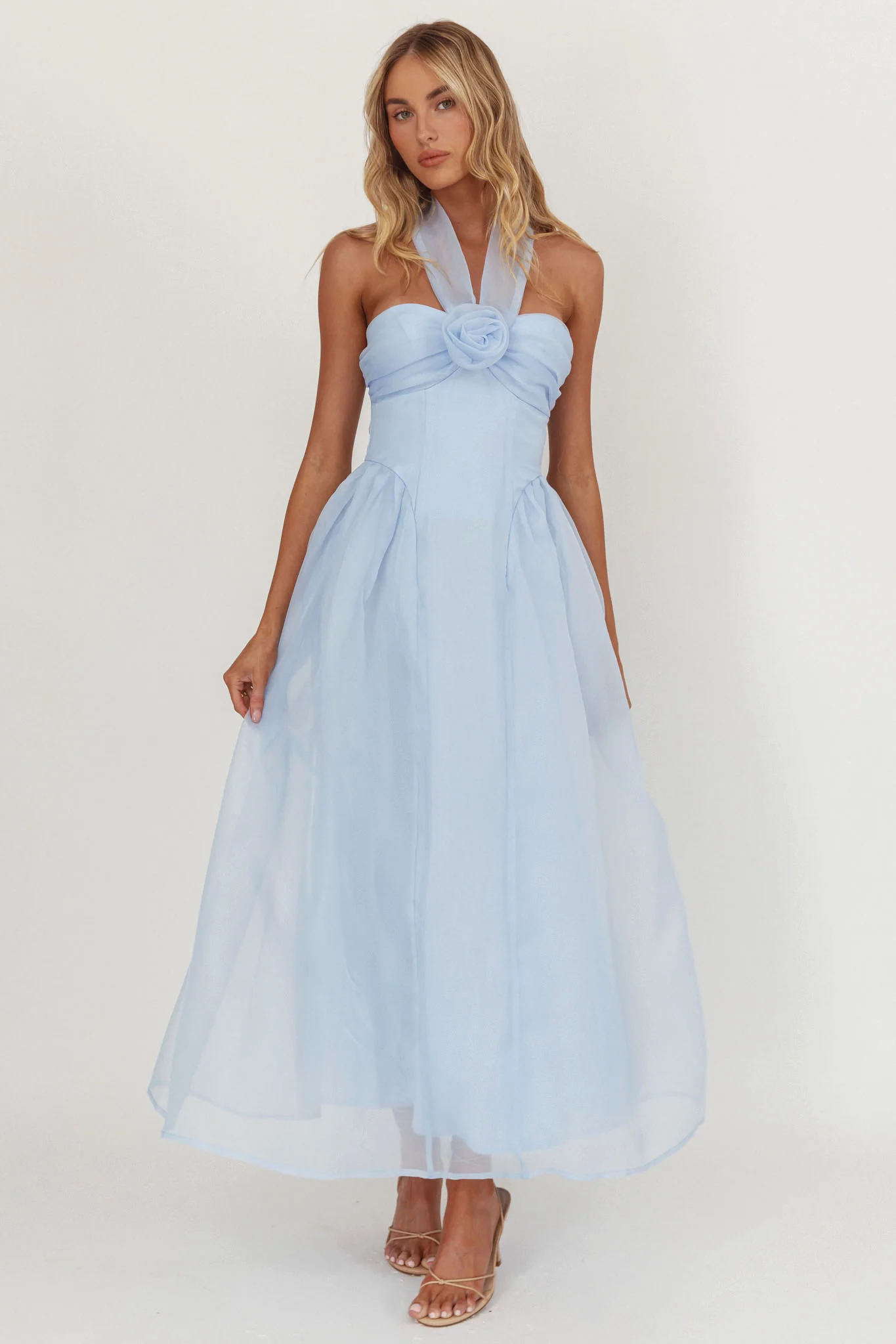 Elvera Rose Bust Halter Midi Dress Blue