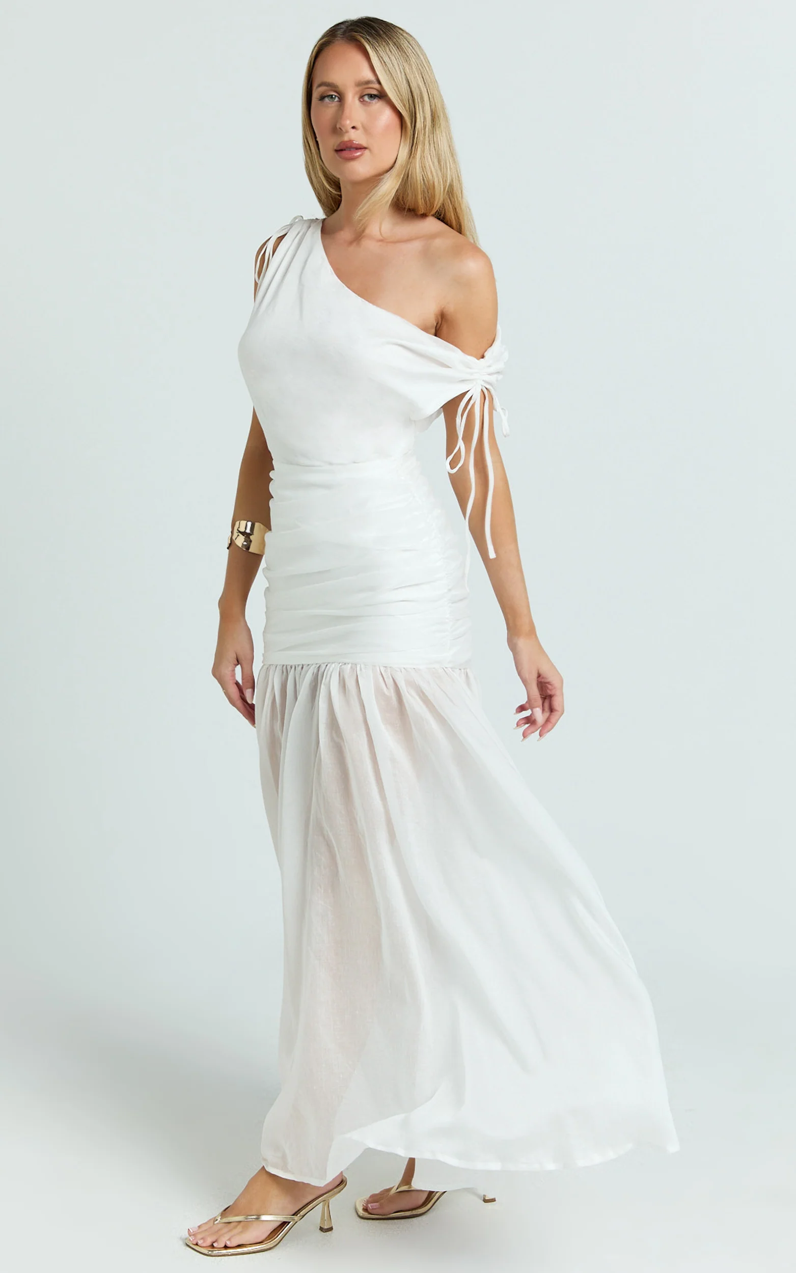 Mackenzie Midi Dress - Tipped Shoulder Drop Waist Full Gathered Skirt Dress in White