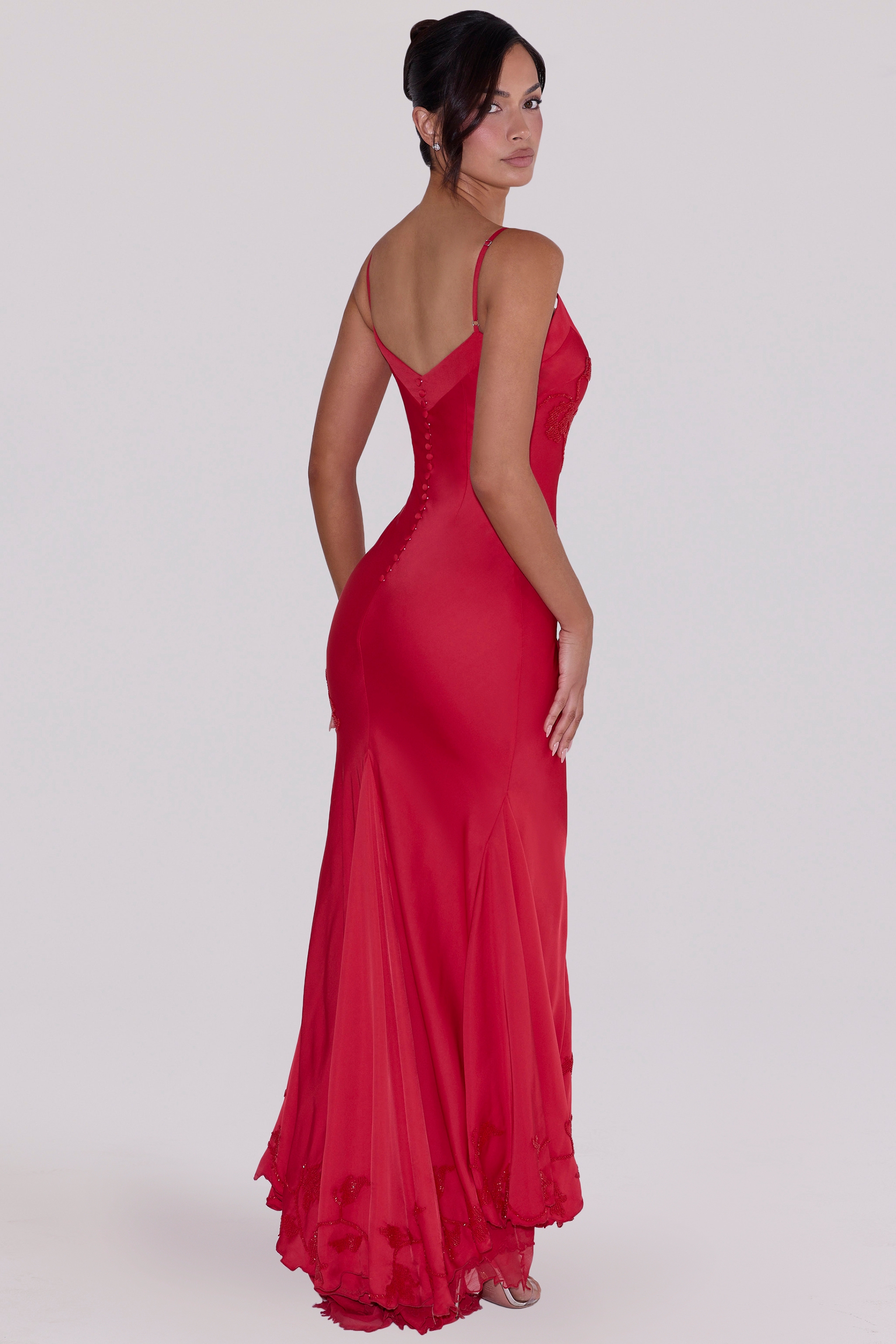 red hand beaded embellished satin maxi dress - limited edition