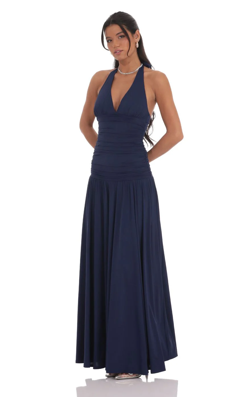 Halter Drop Waist Maxi Dress in Navy - luluinthesky