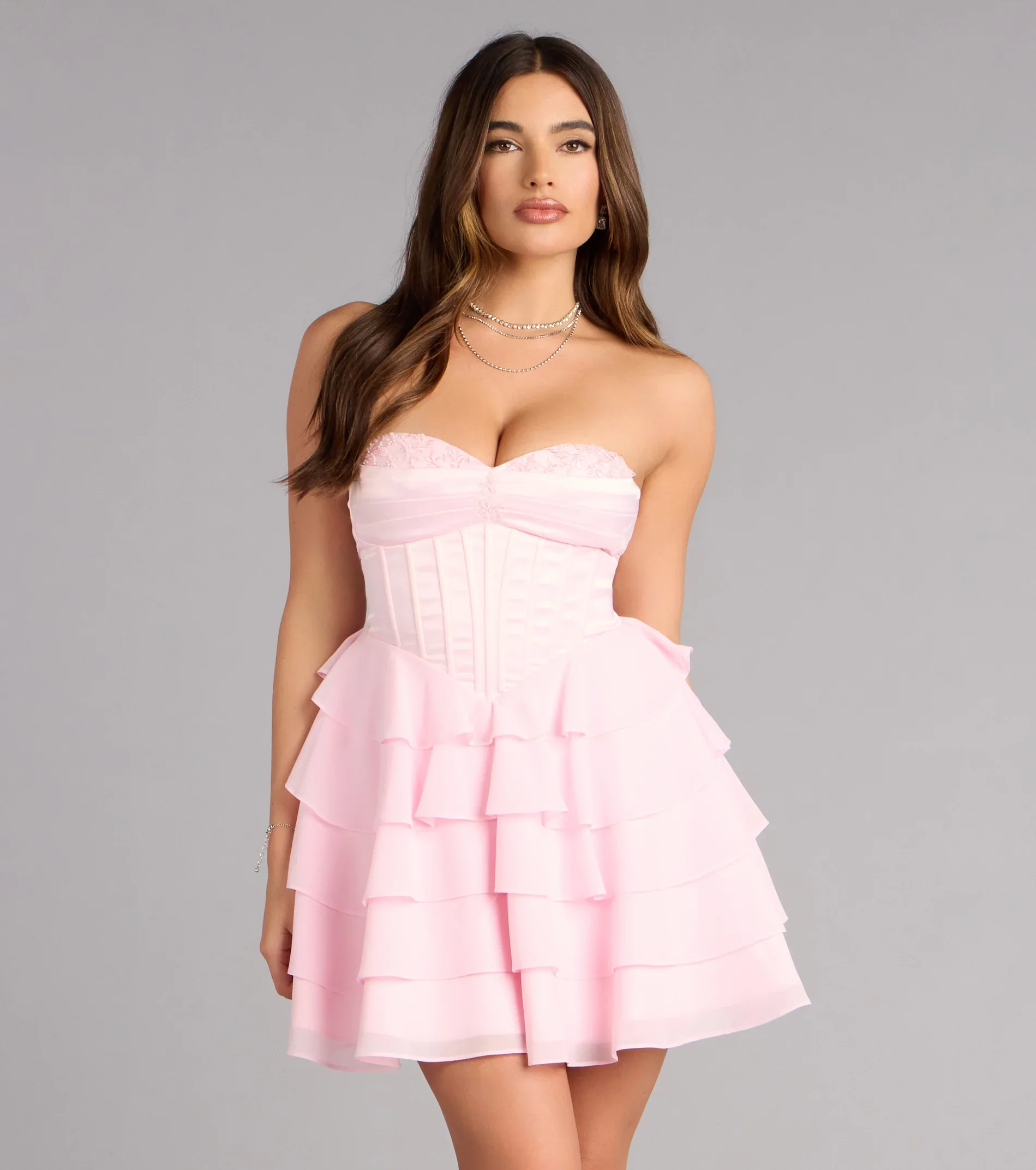 Jade Satin Chiffon Corset Skater Dress