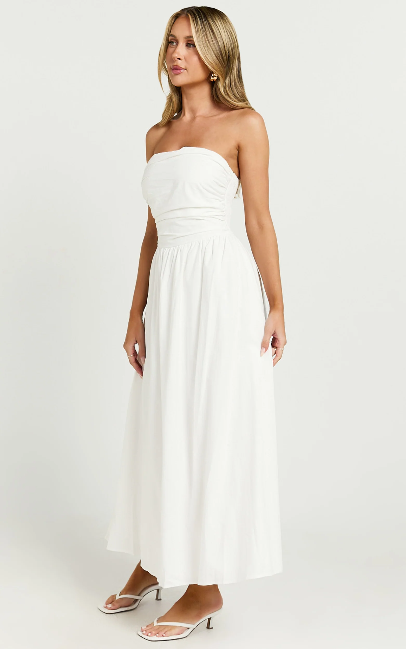 Polly Midi Dress - Strapless Ruched Dress in White