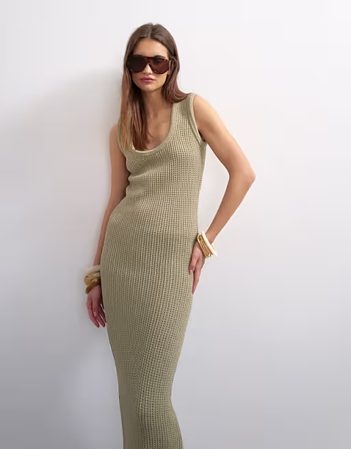 Topshop knit tubular trim scoop neck maxi dress in khaki