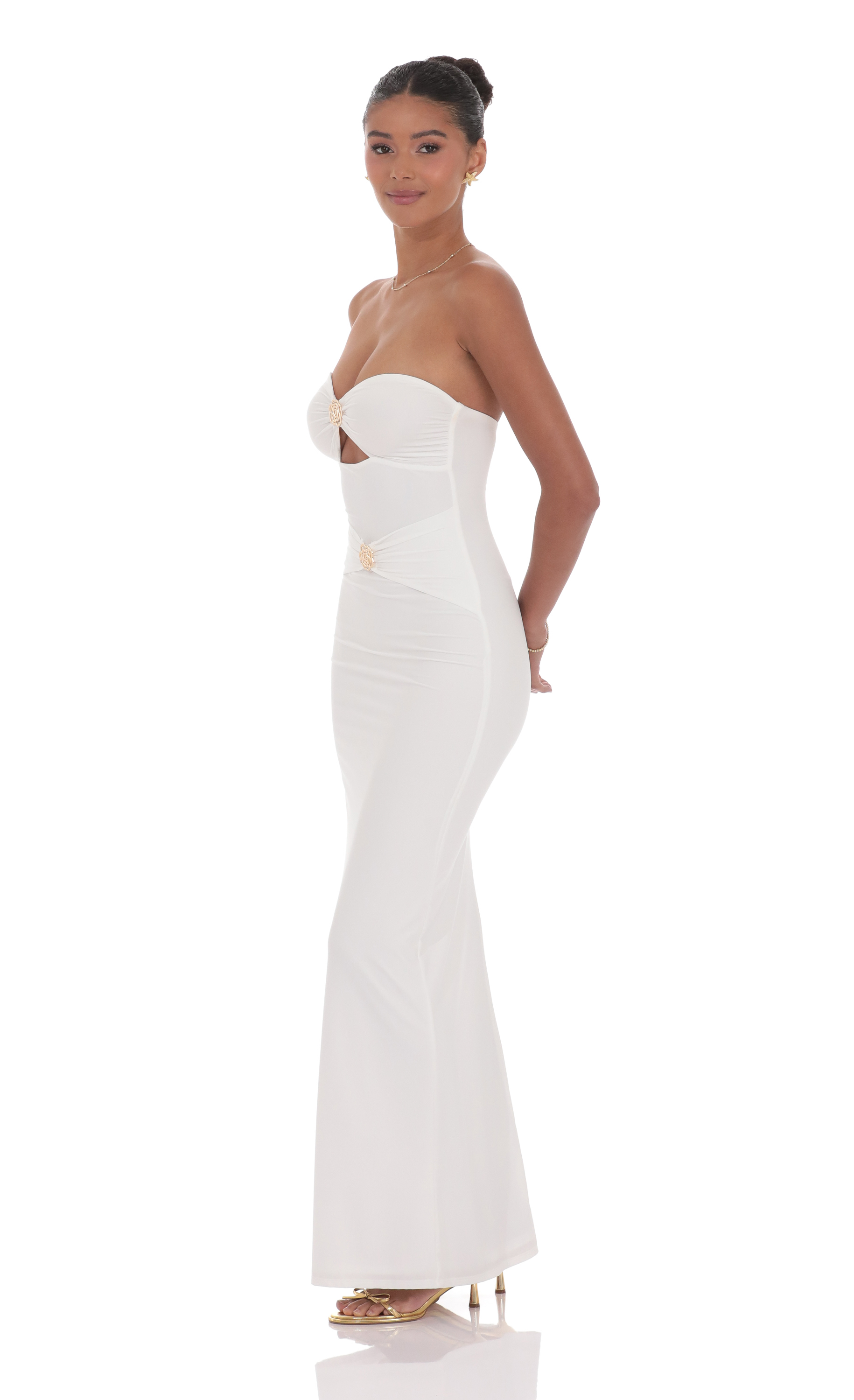 Golden Rose Cutout Maxi Dress in White - luluinthesky