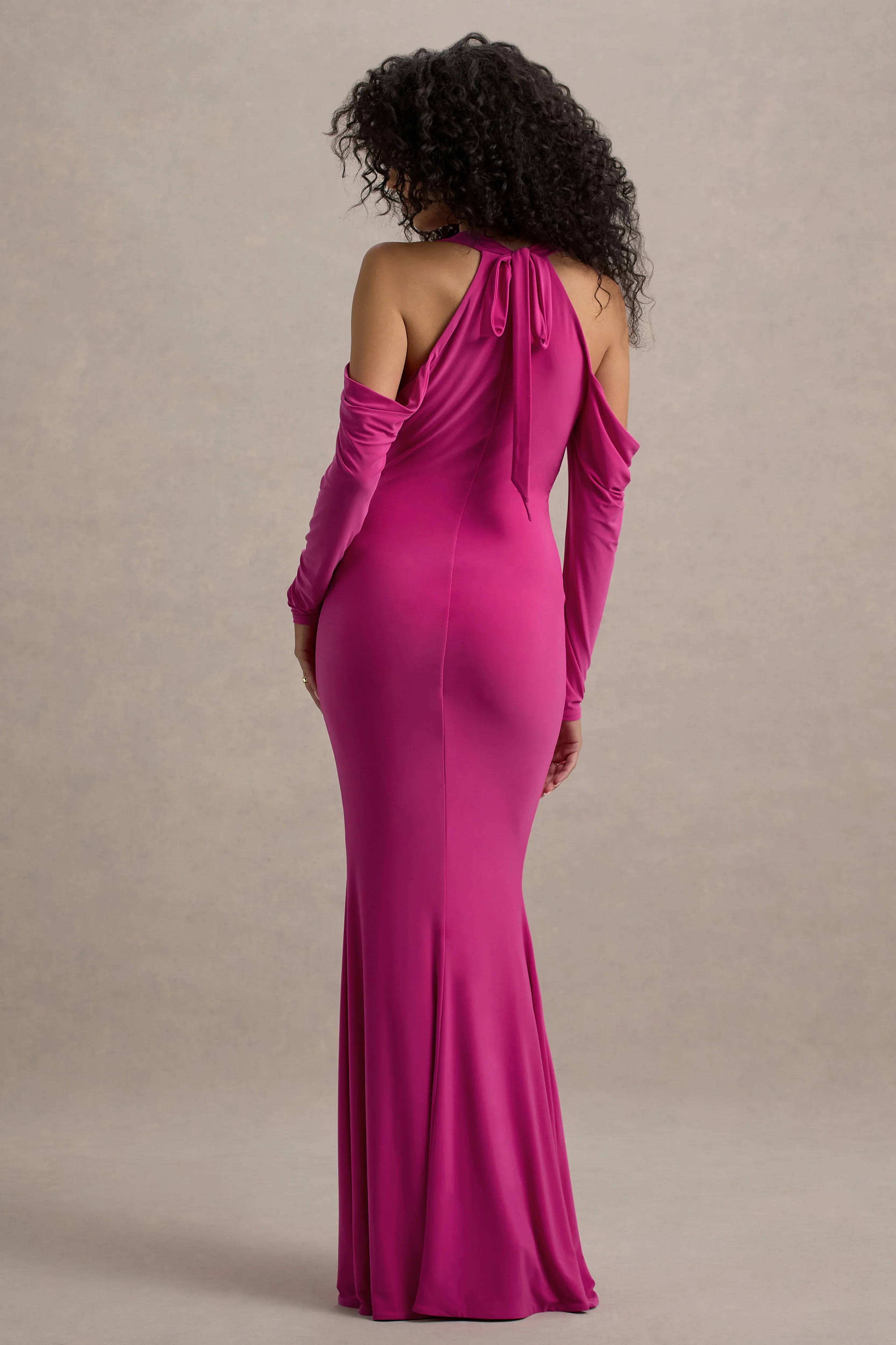 Hurghada | Hot Pink Plunge-Neck Long-Sleeve Maxi Dress