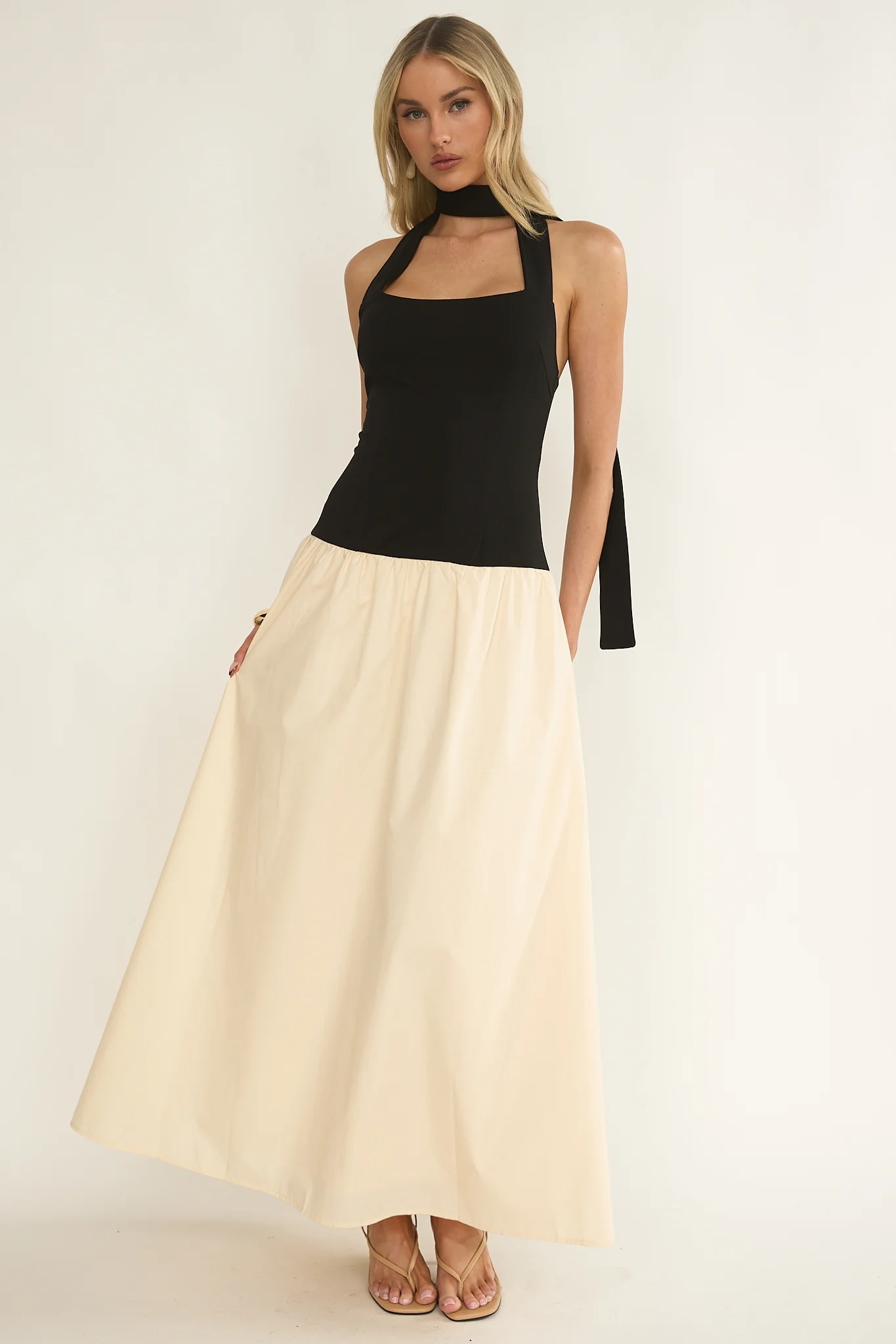 Elery Drop Waist Halter Maxi Dress Black/Cream
