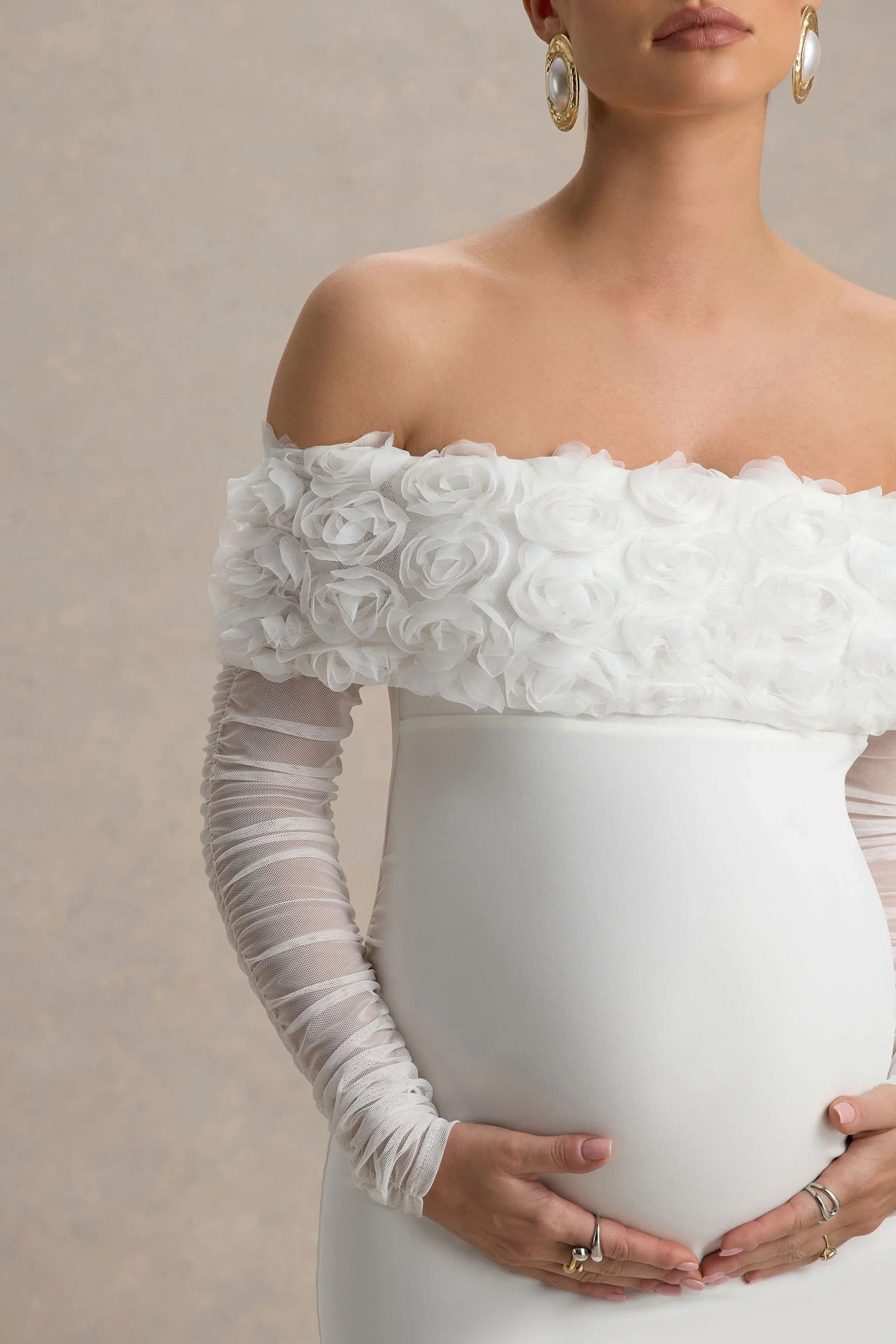 Adita | White Mesh Floral Bardot Maternity Midi Dress