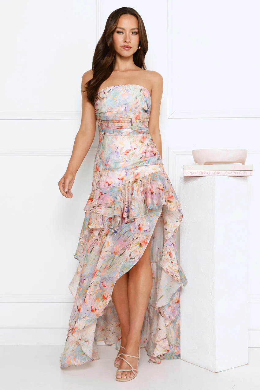 Secret Garden Chic Strapless Maxi Dress Print - luluinthesky