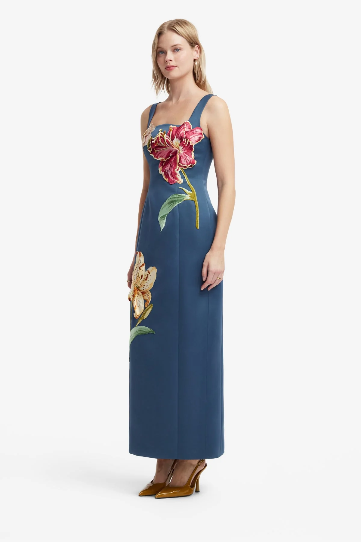 Adelina Embroidered Maxi Dress - Lily Print in Indigo