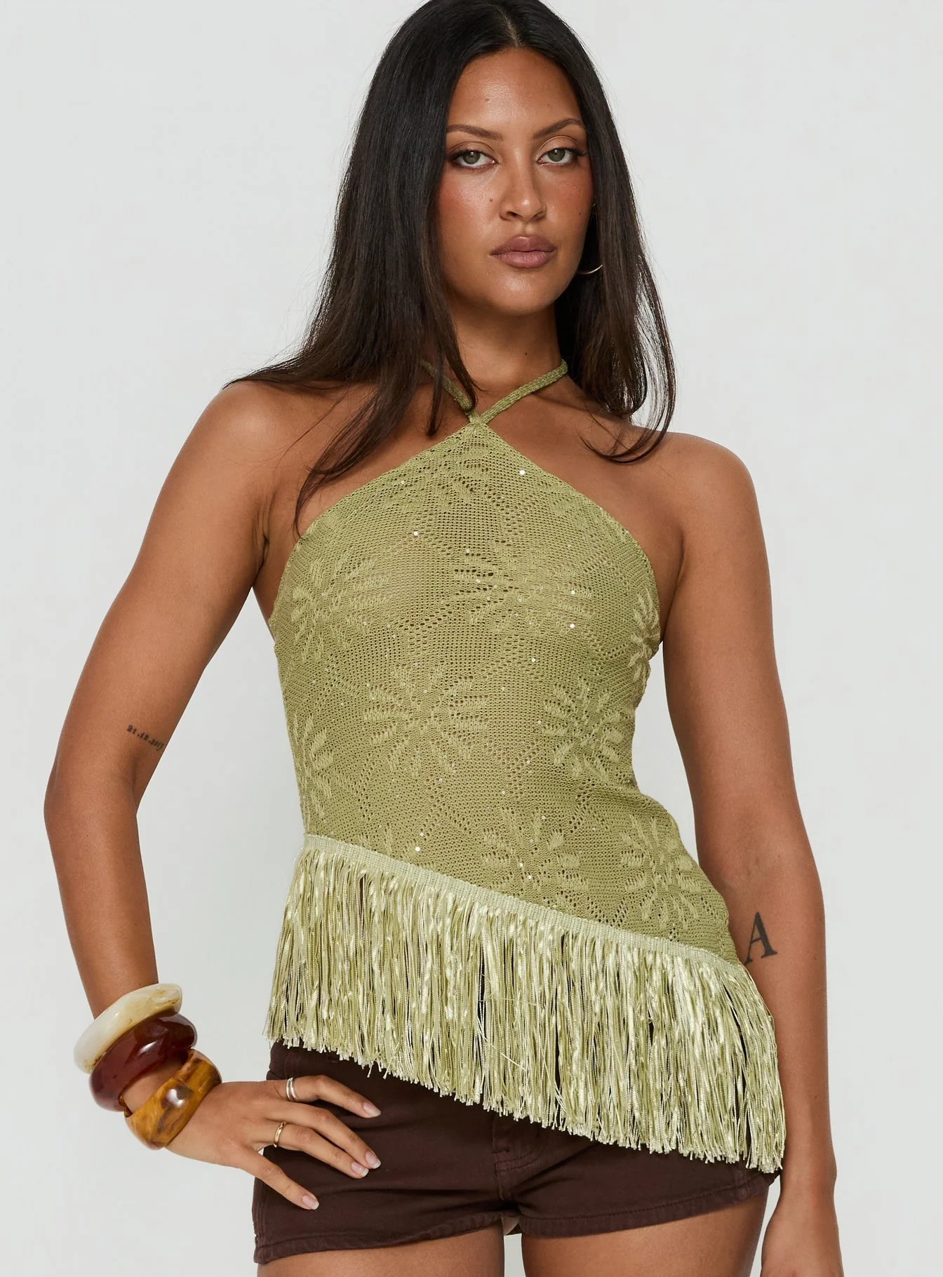 Masina Arrowneck Fringe Detail Top Green