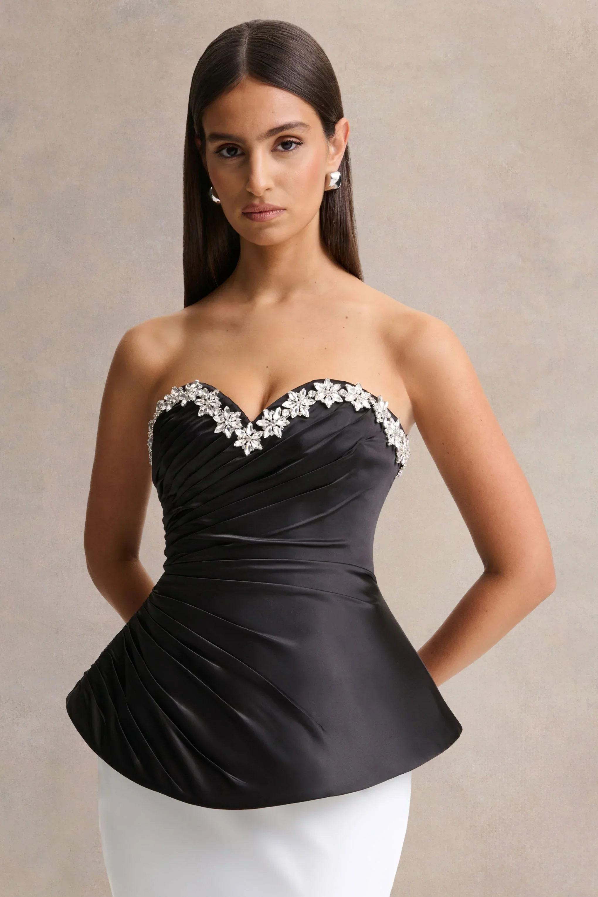 Ambria | Black Satin Hand-Embellished Sweetheart-Neck Corset Top