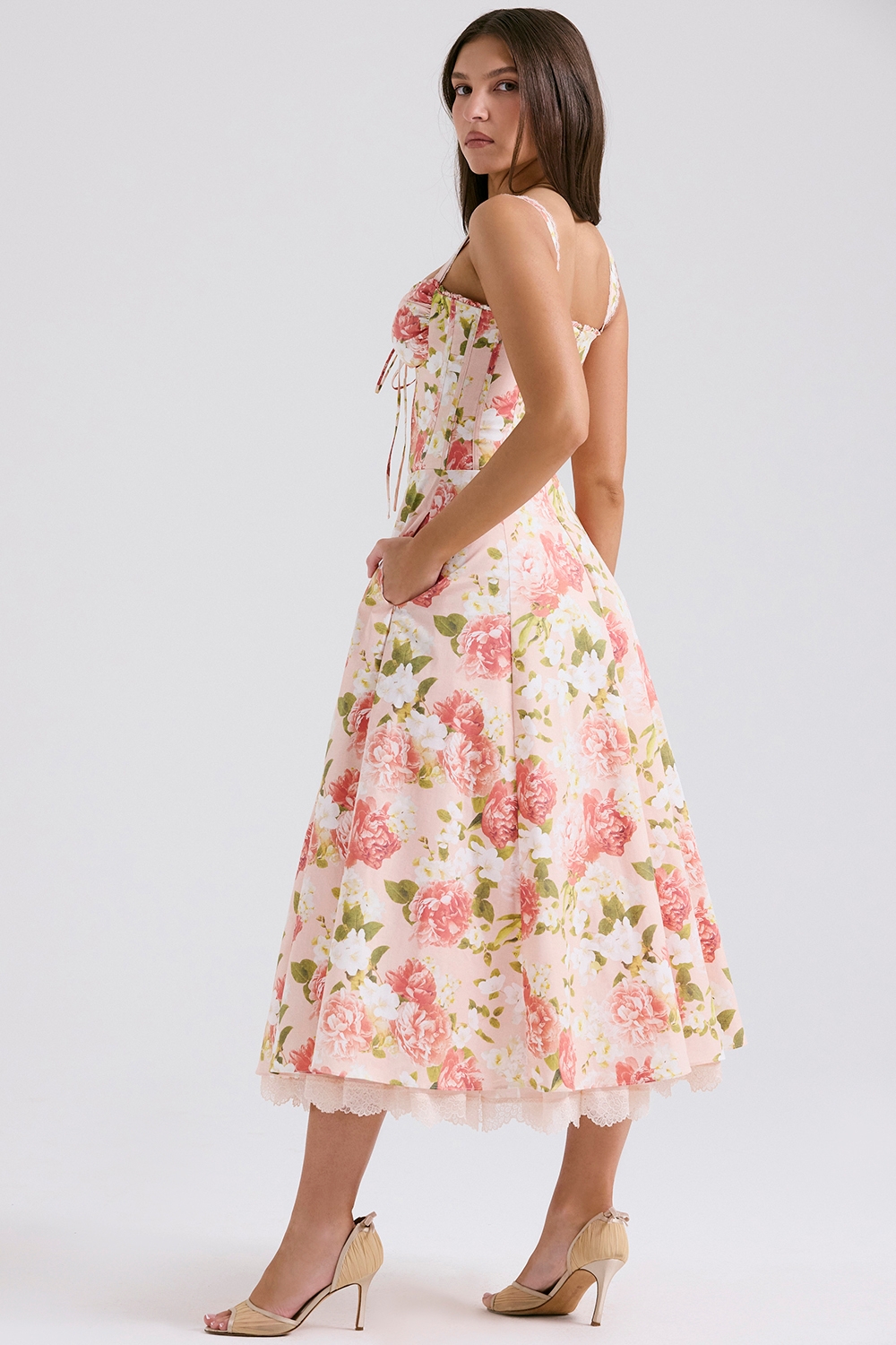 Pink Peony Print Cotton Bustier Sundress
