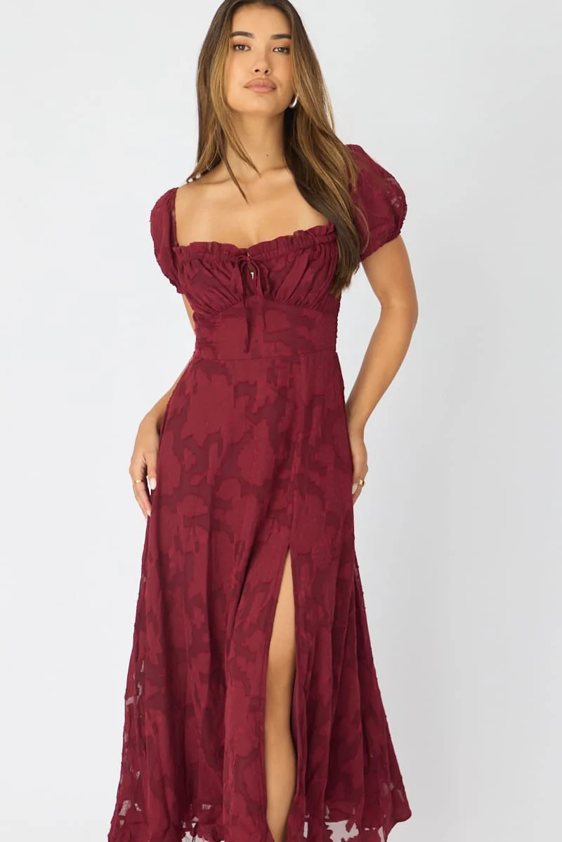 Red Midi Dress Puff Sleeve