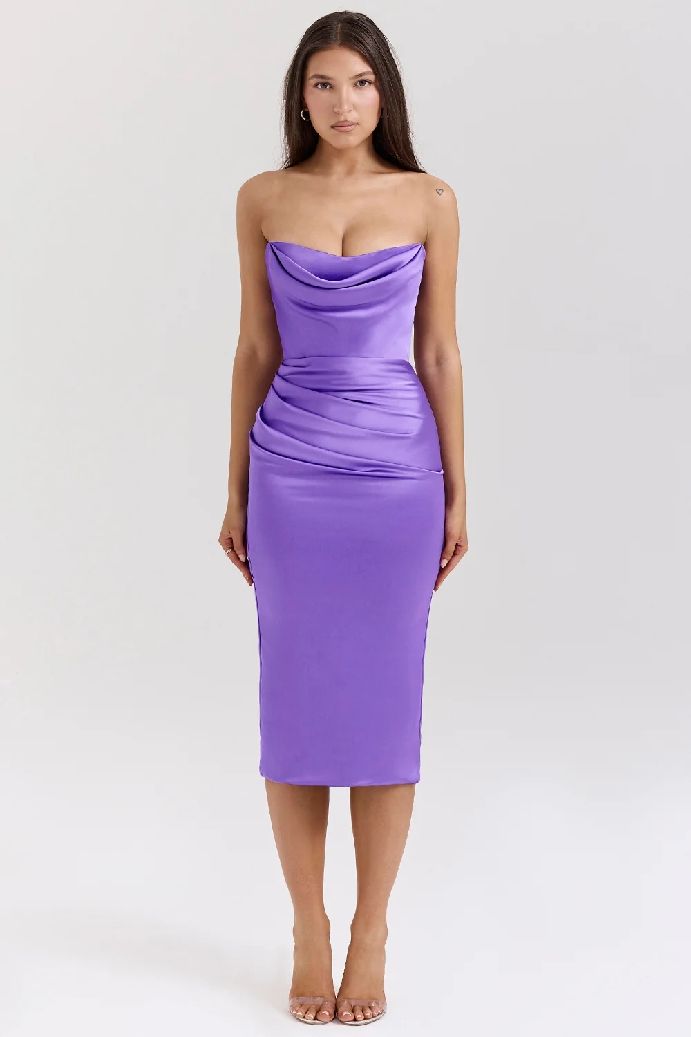 Violet Satin Strapless Corset Midi Dress