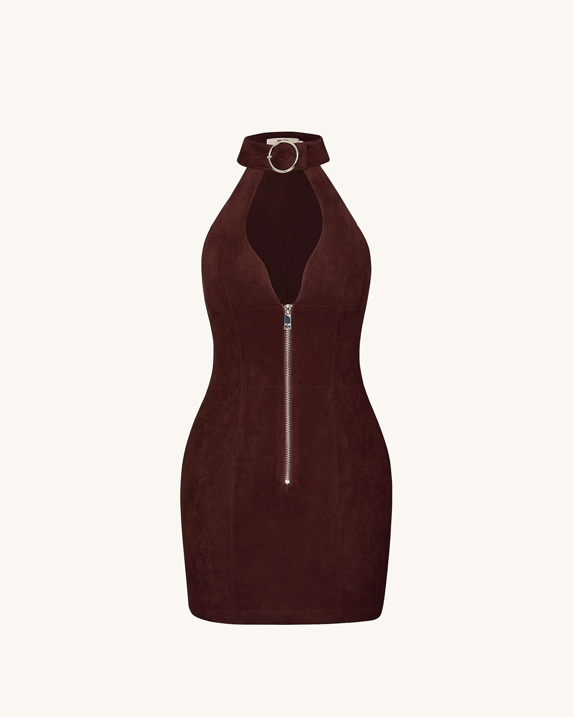 Ruby Halter Neck Zipper Mini Dress - Coffee Red - FASHION NOB