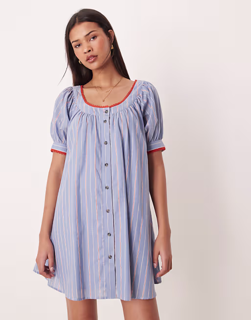 babydoll button down mini dress in blue and red stripes