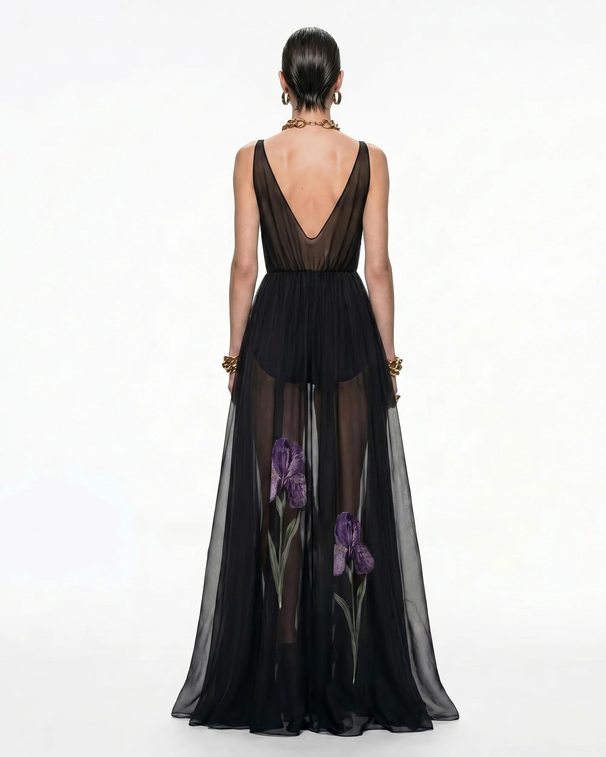 Sheer Floral Print Maxi Dress - Black - FASHION NOB