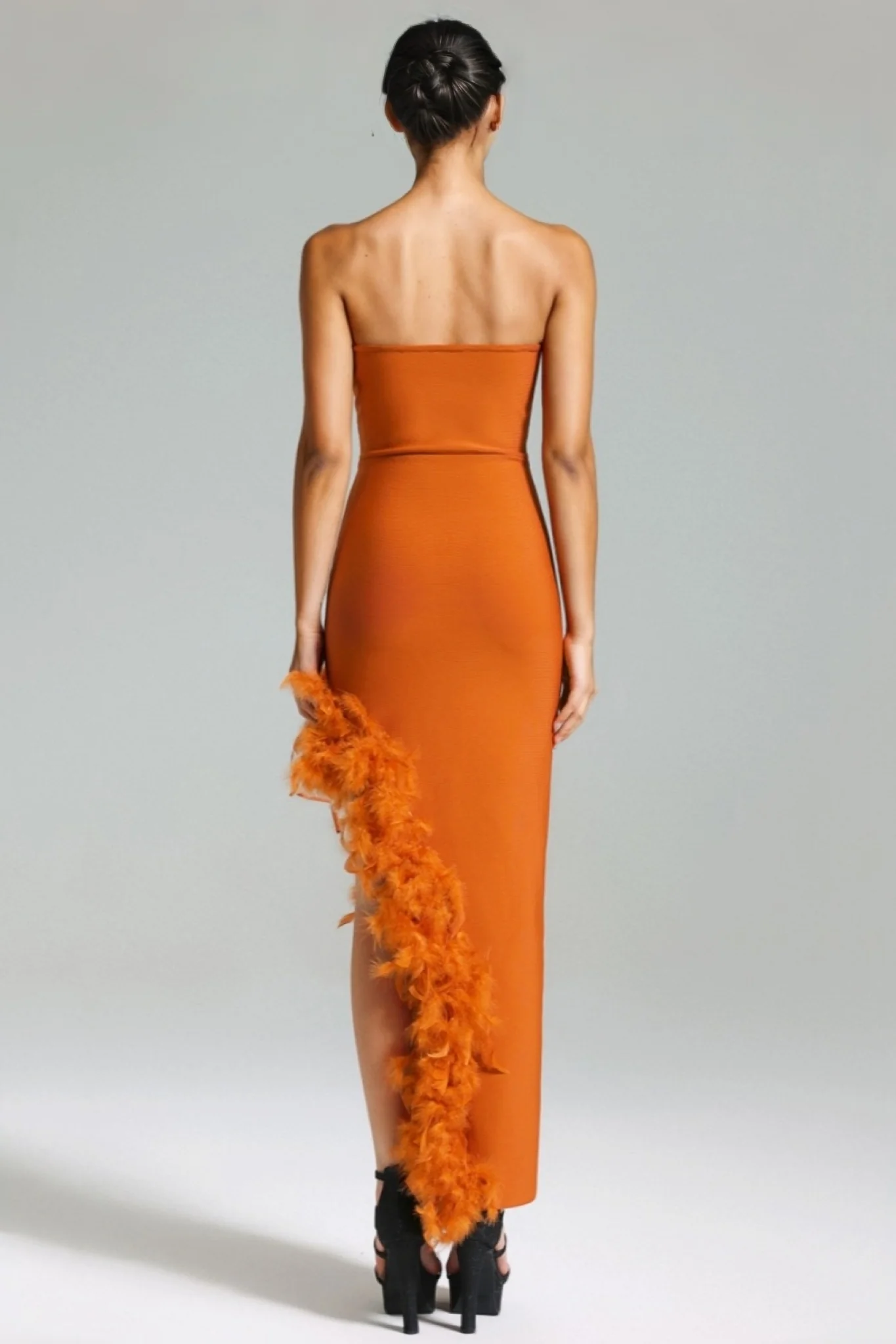 Yeli Feather Slant Hem Bandage Maxi Dress