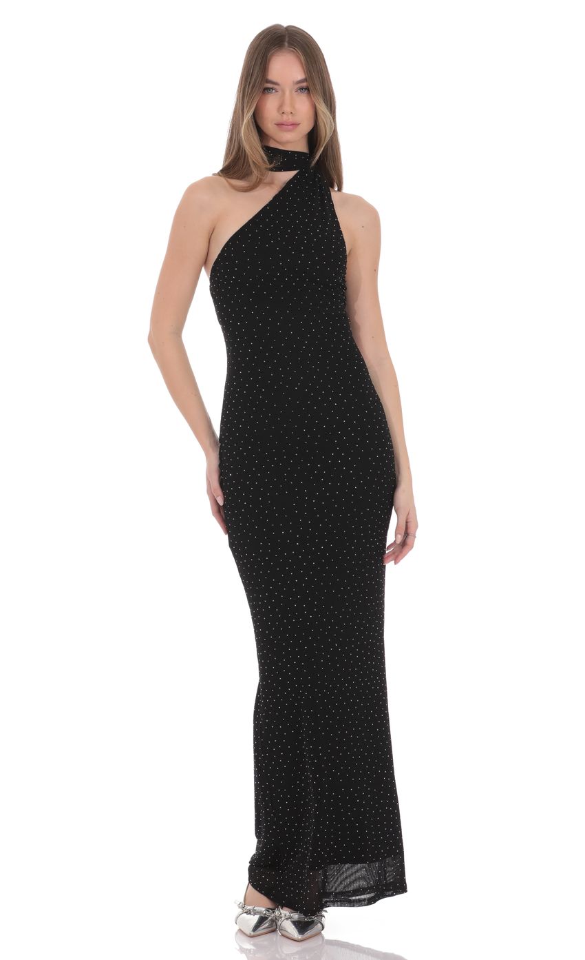 Scarf Ribbed Rhinestone Maxi Dress in Black