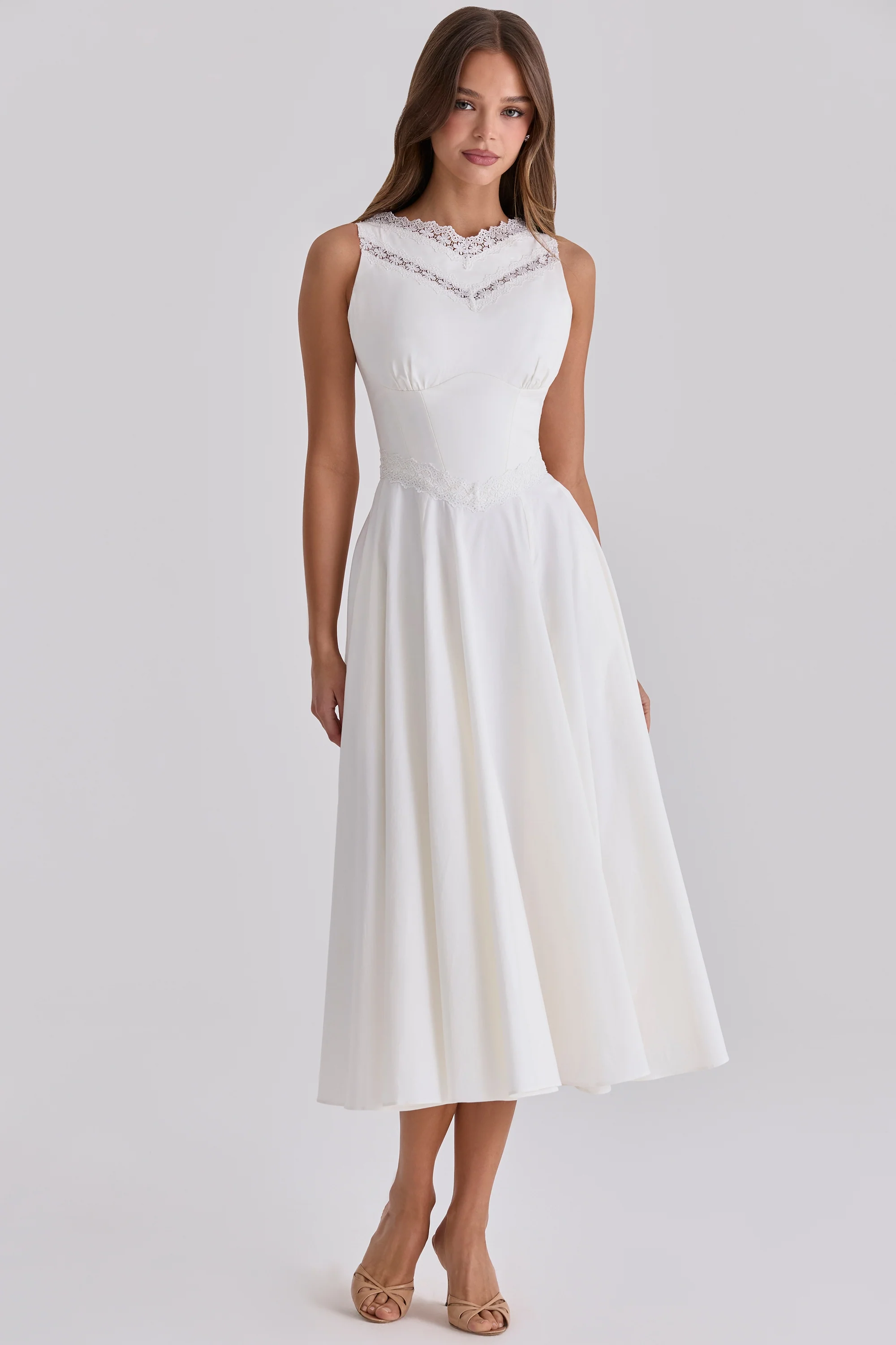 White Cotton Lace Trim Waist Cinch Midi Dress