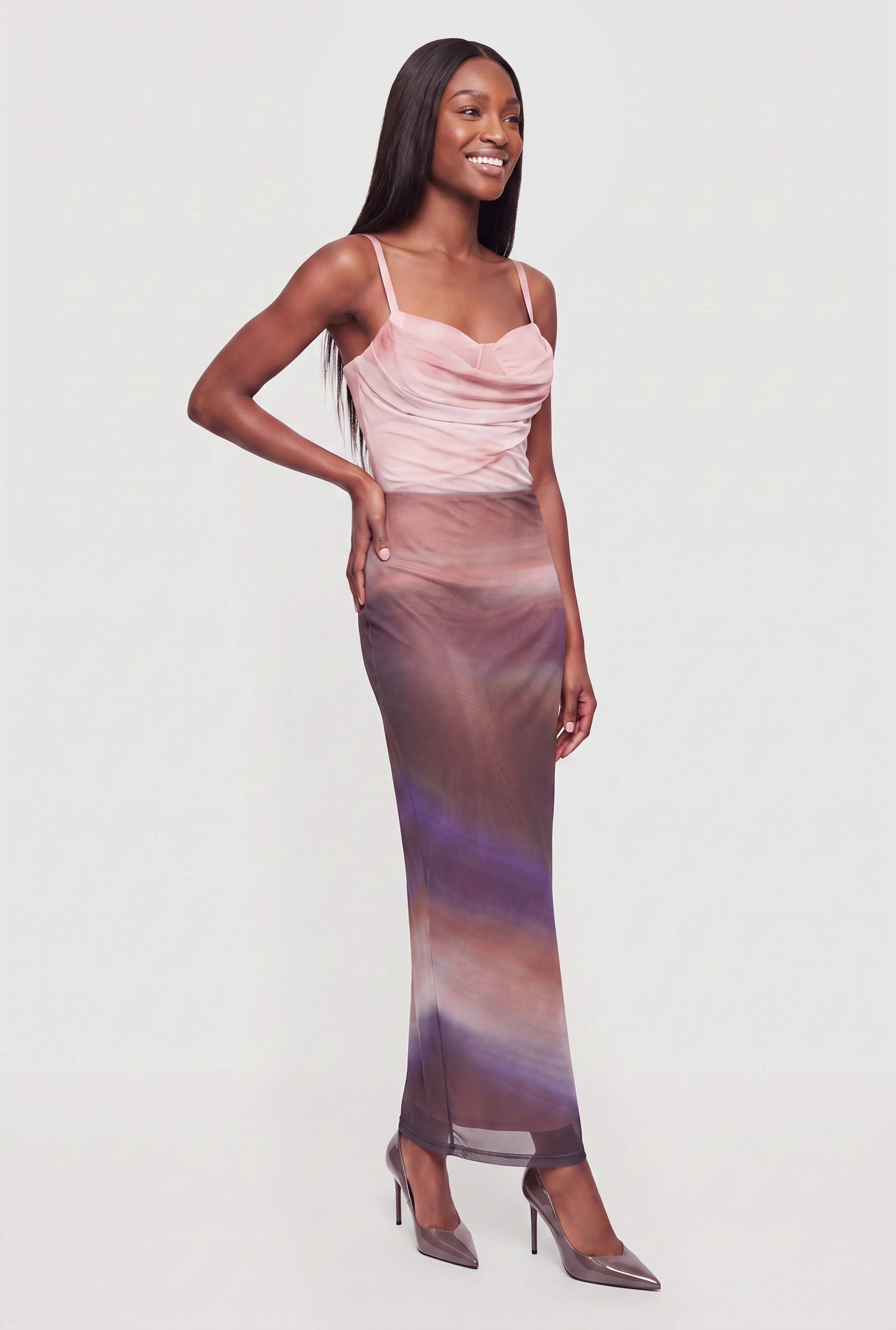Sweetheart Cowl Neck Ombre Mesh Bustier Dress