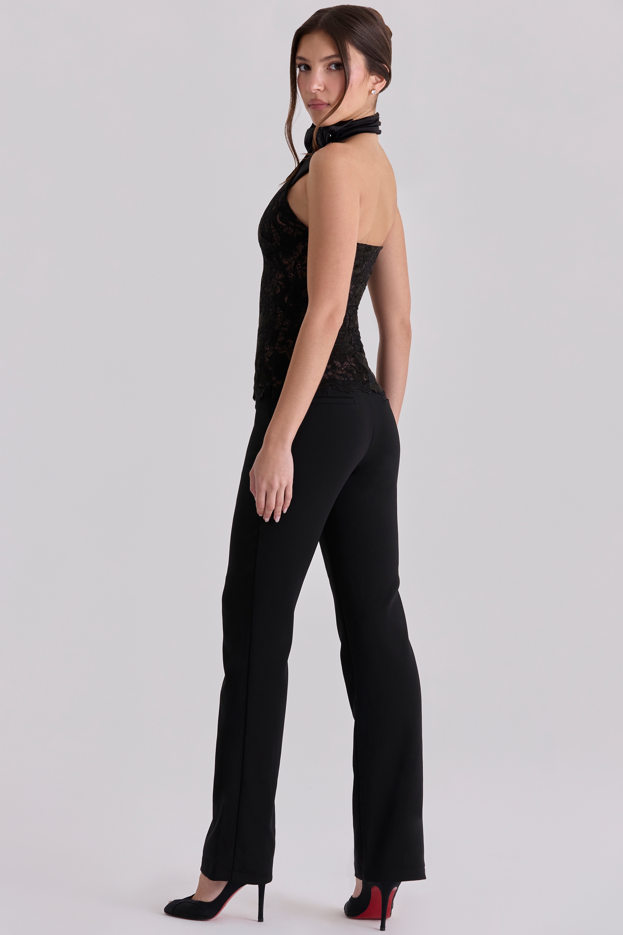 Black Lace High Neck Top With Detachable Bow