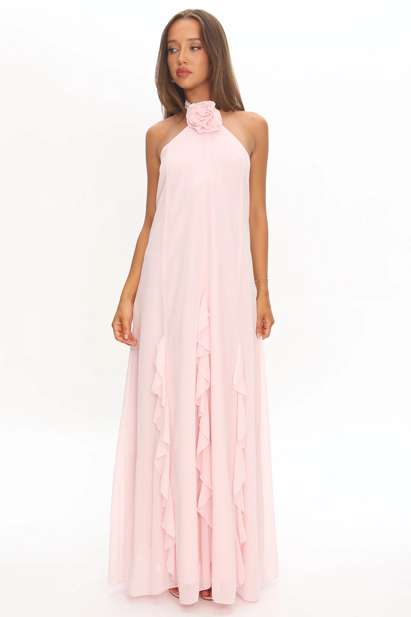 Lecce Halterneck Ruffle Trim Maxi Dress Blush