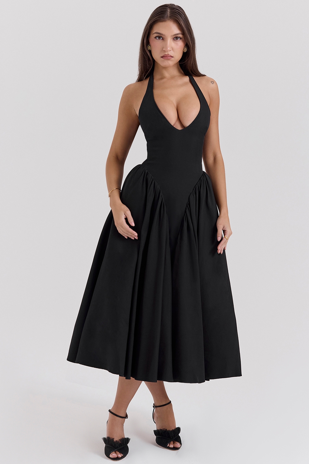 Black Twill Halter Midi Dress