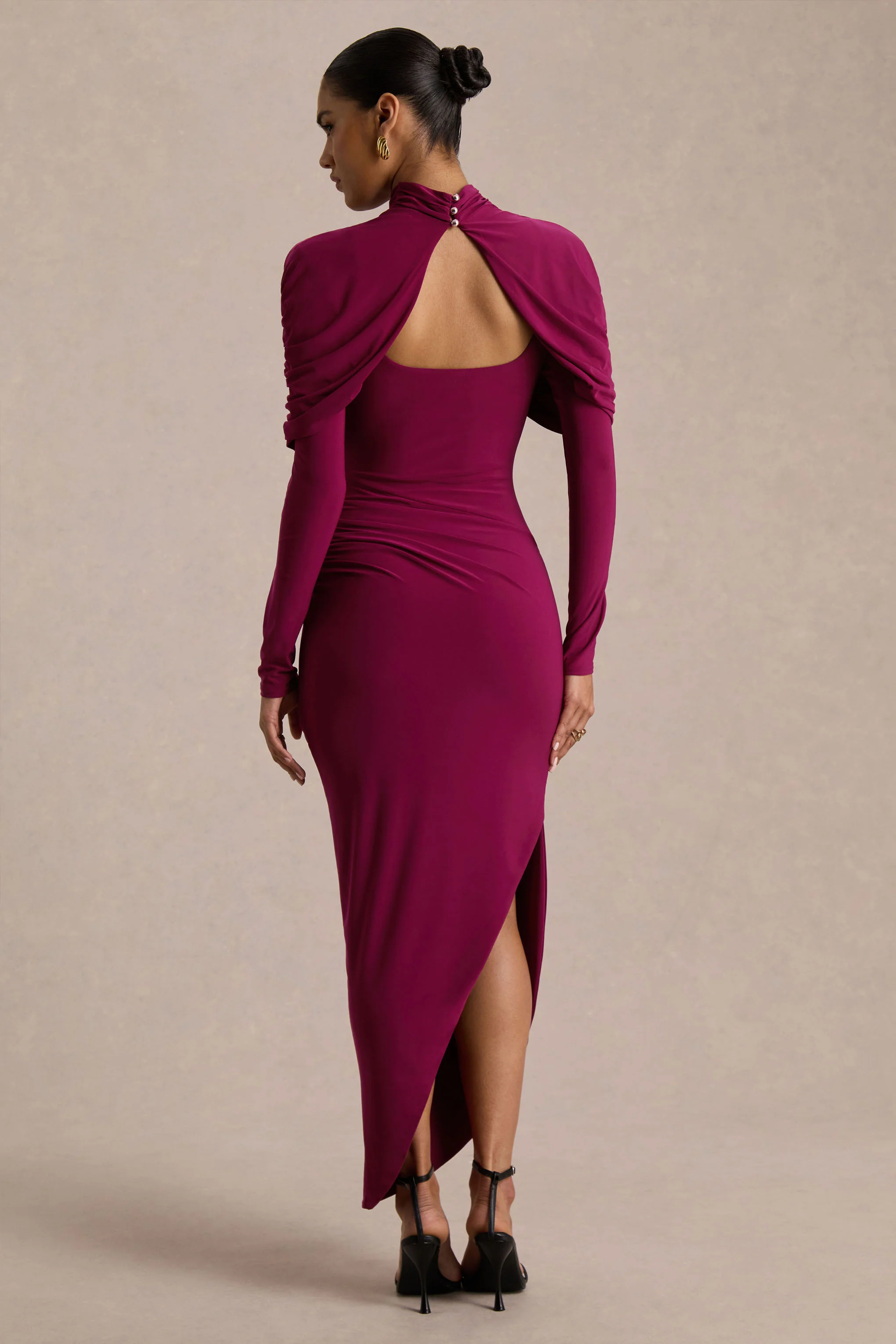 Aneira | Burgundy High-Neck Maxi Dress With Cape Sleeves