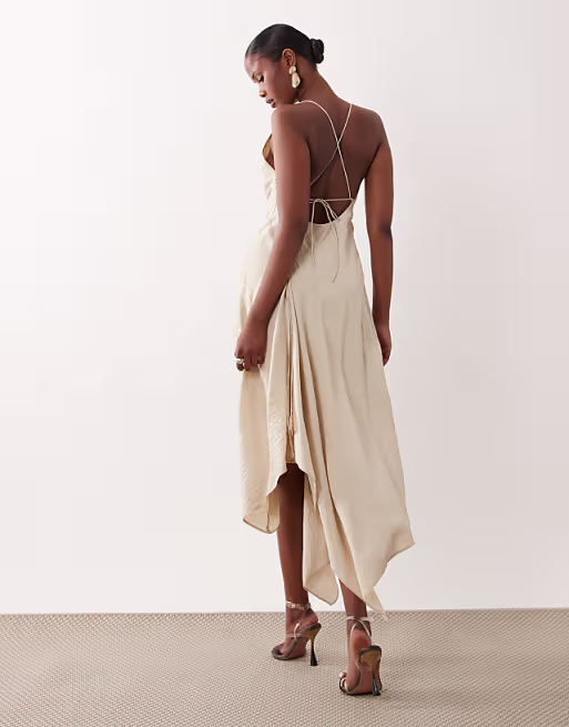 deep cowl asymmetric open back maxi dress in stone