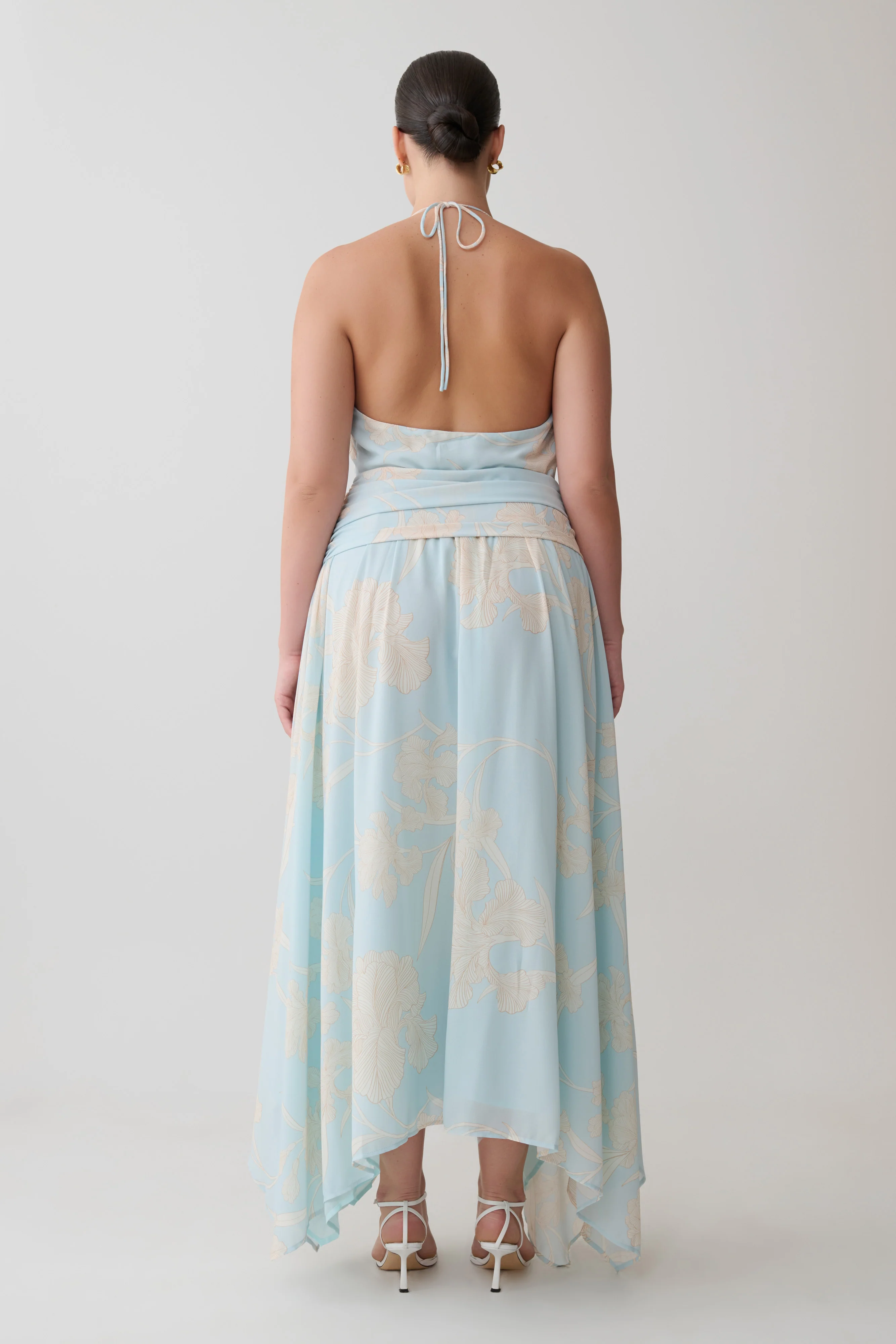 Cyra Plunge Chiffon Midi Dress - Blue Floral Print