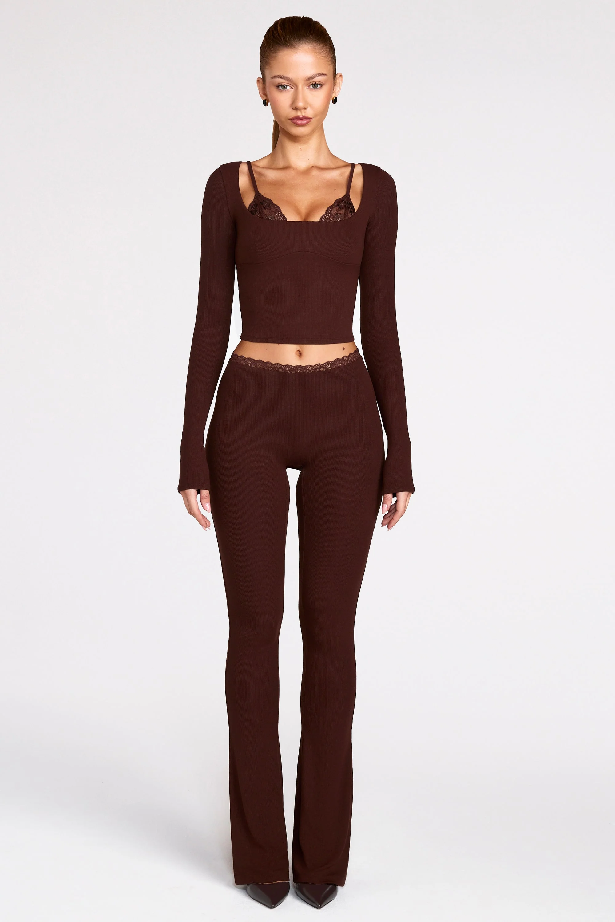 Modal Mid-Rise Flared Trousers in Chocolate Brown