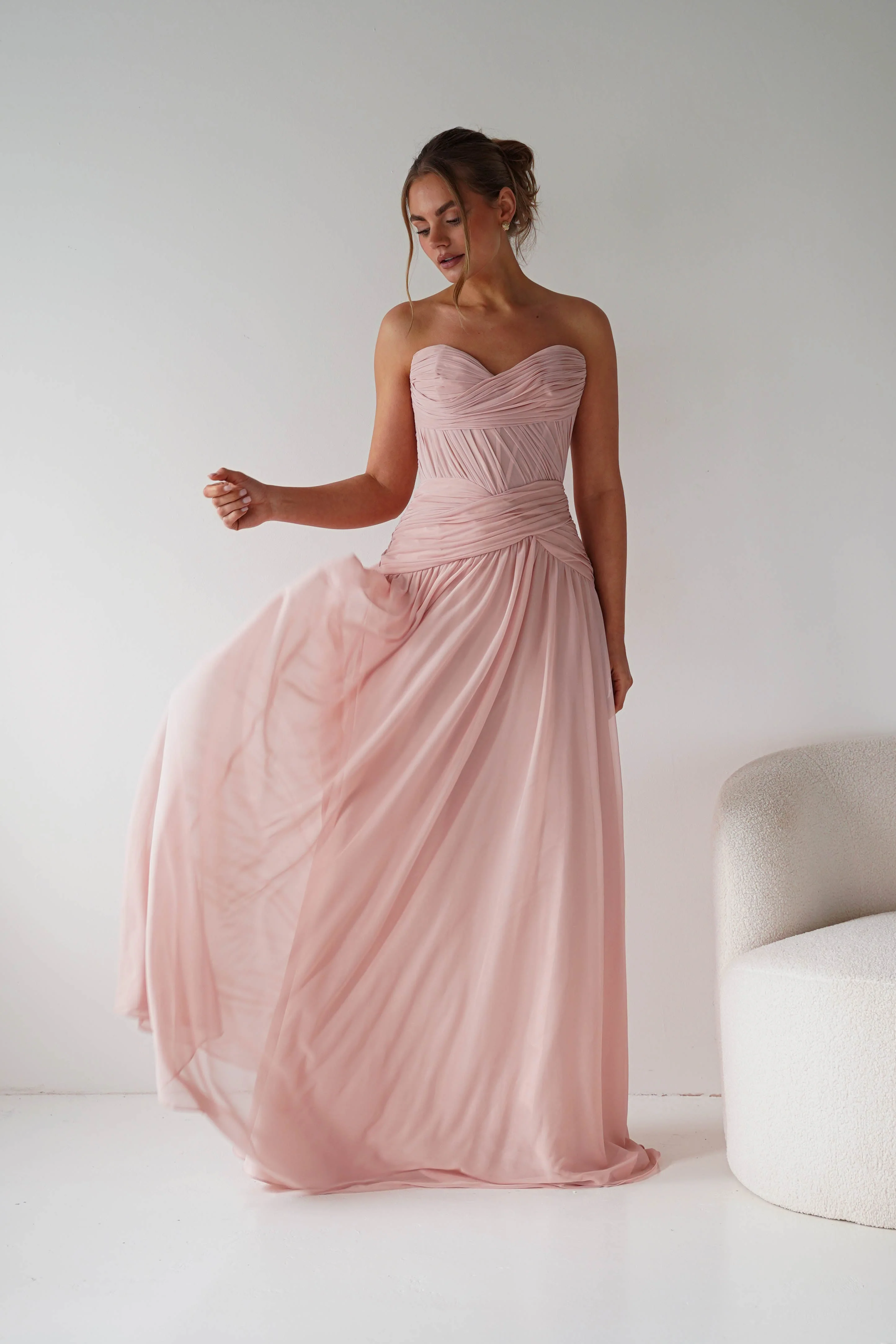 Nicolette Strapless Chiffon Maxi Gown | Blush