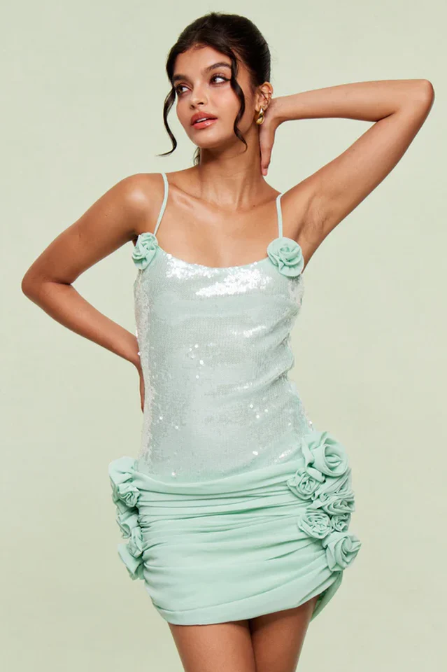 Sequin Floral Draped Corset Dress