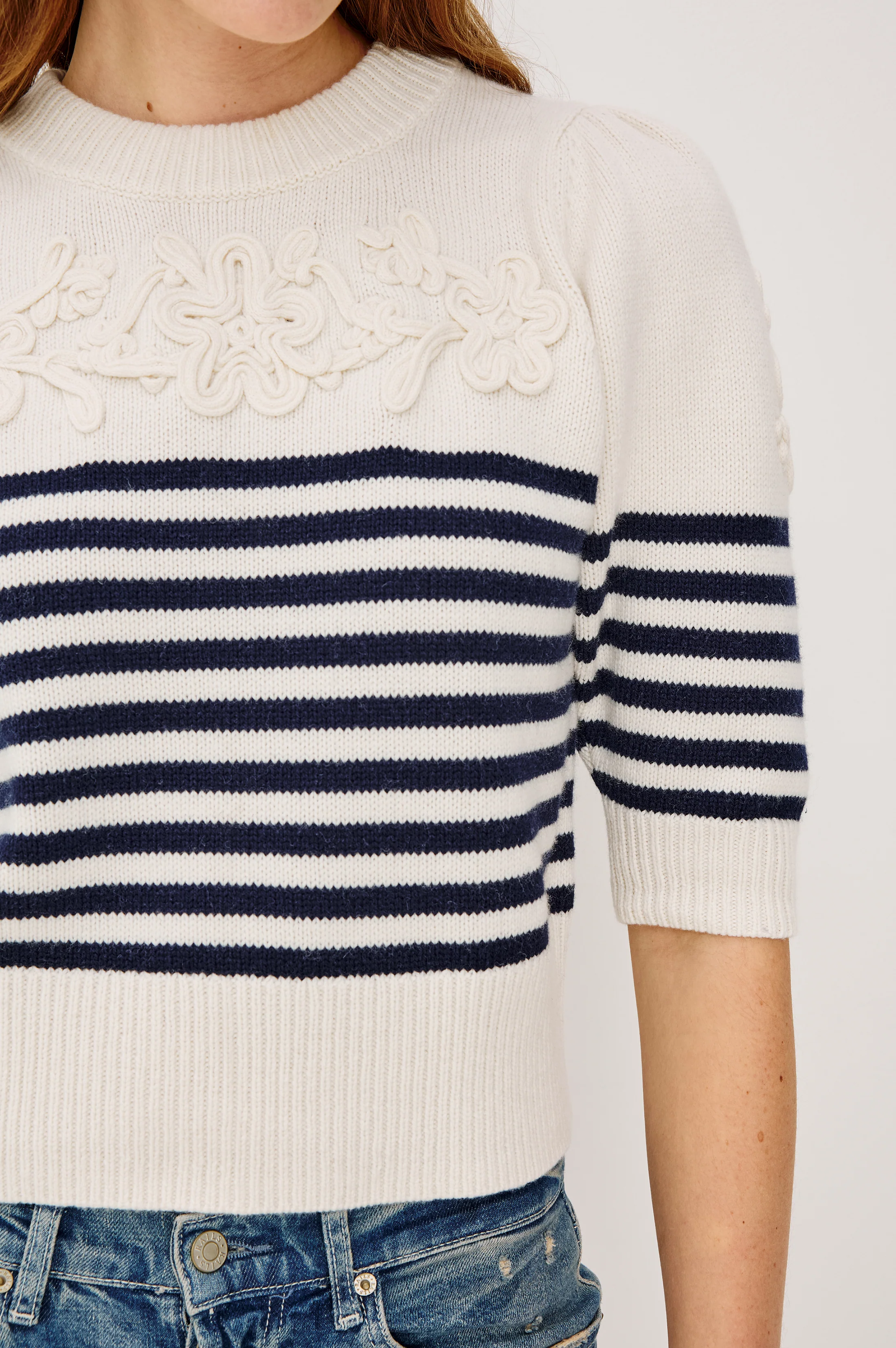 Martha Top - Ivory Navy Floral Stripe