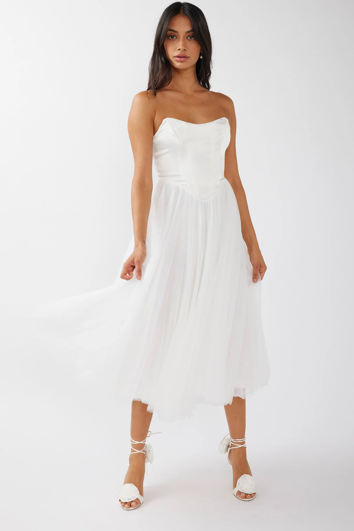 Rosemary Tulle Bustier Midi Dress White