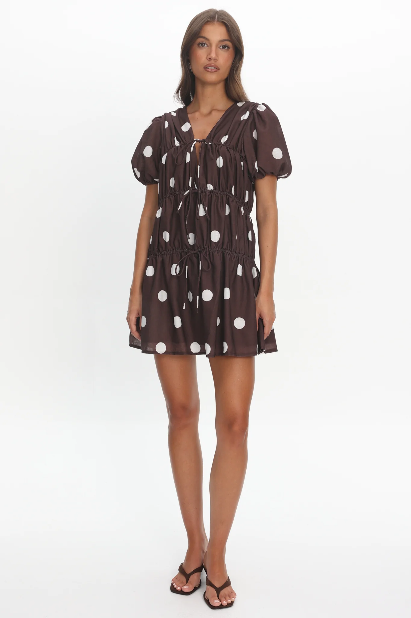 Antibes Tie Front Puff Sleeve Mini Dress Chocolate/White