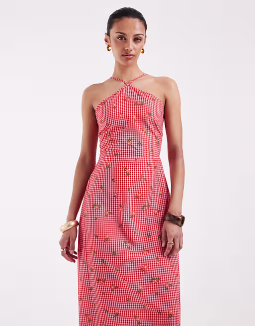 Vero Moda halter maxi dress in red floral gingham print