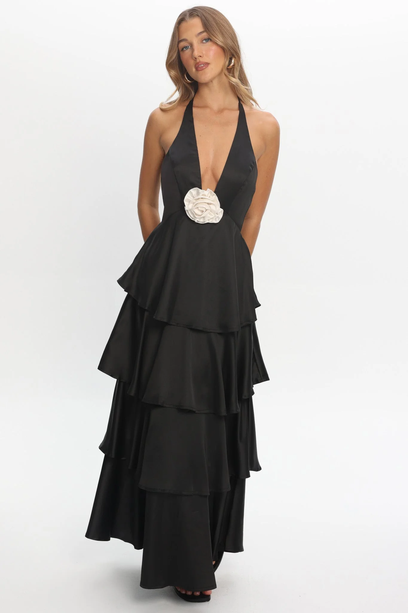 Catalina Tiered Ruffle Rosette Maxi Dress Black