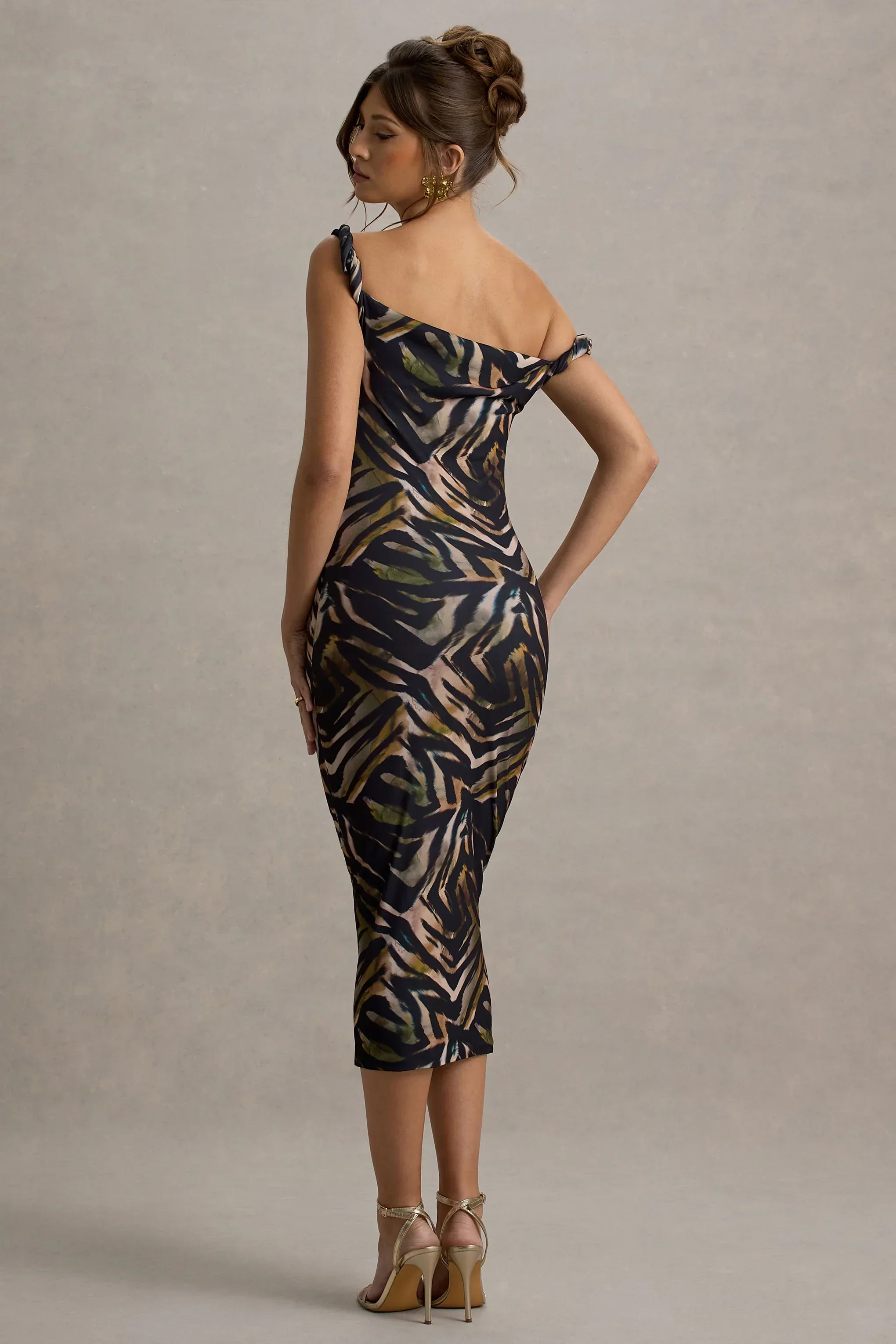 Nora | Zebra Print Twisted Asymmetric Midi Dress