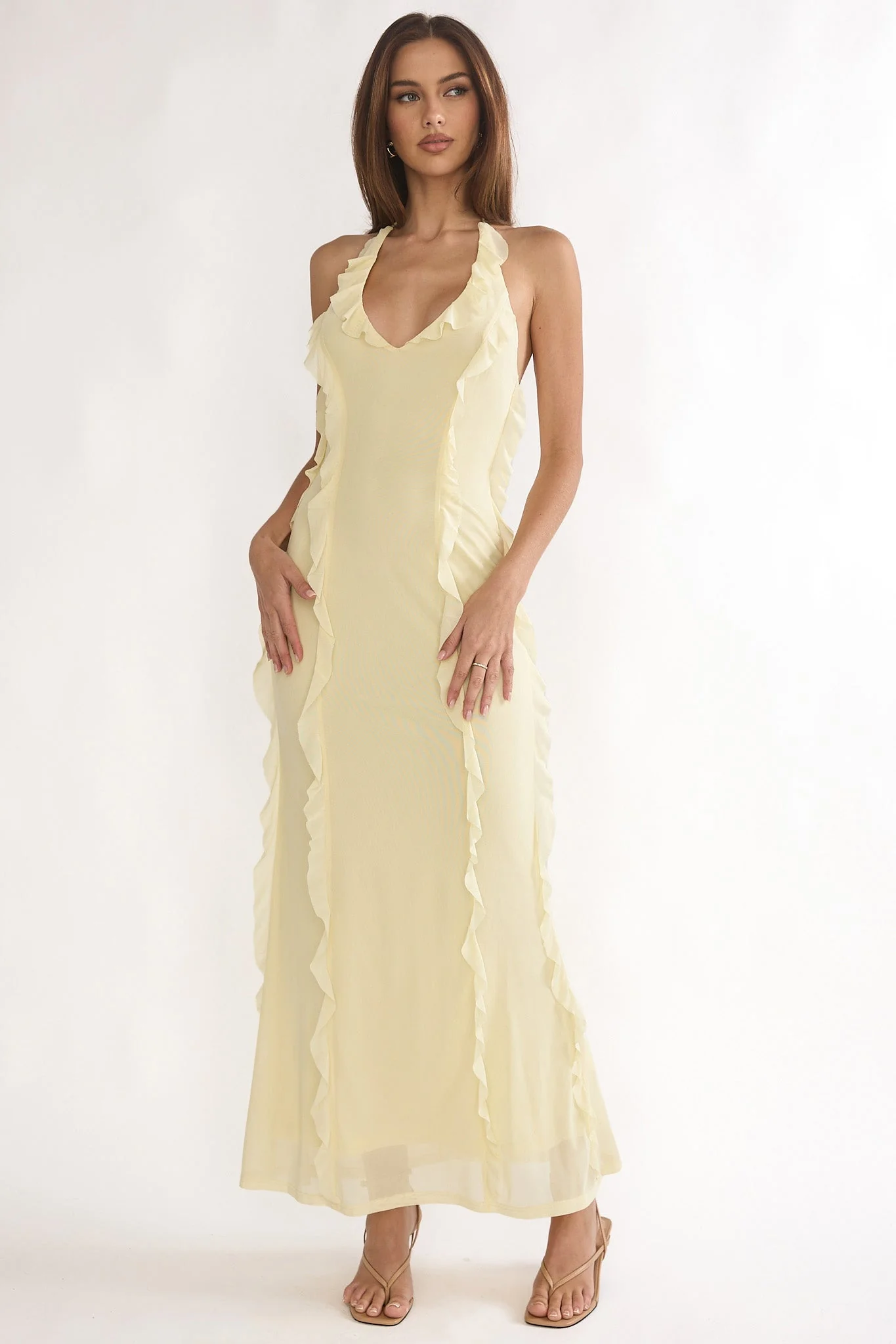 Collins Halter Ruffle Trim Maxi Dress Butter