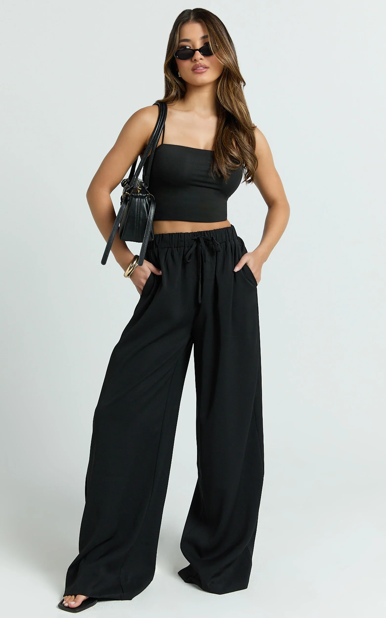 Nicole Pants - High Waist Elasticated Gathered Waist Wide Leg Pants in Black