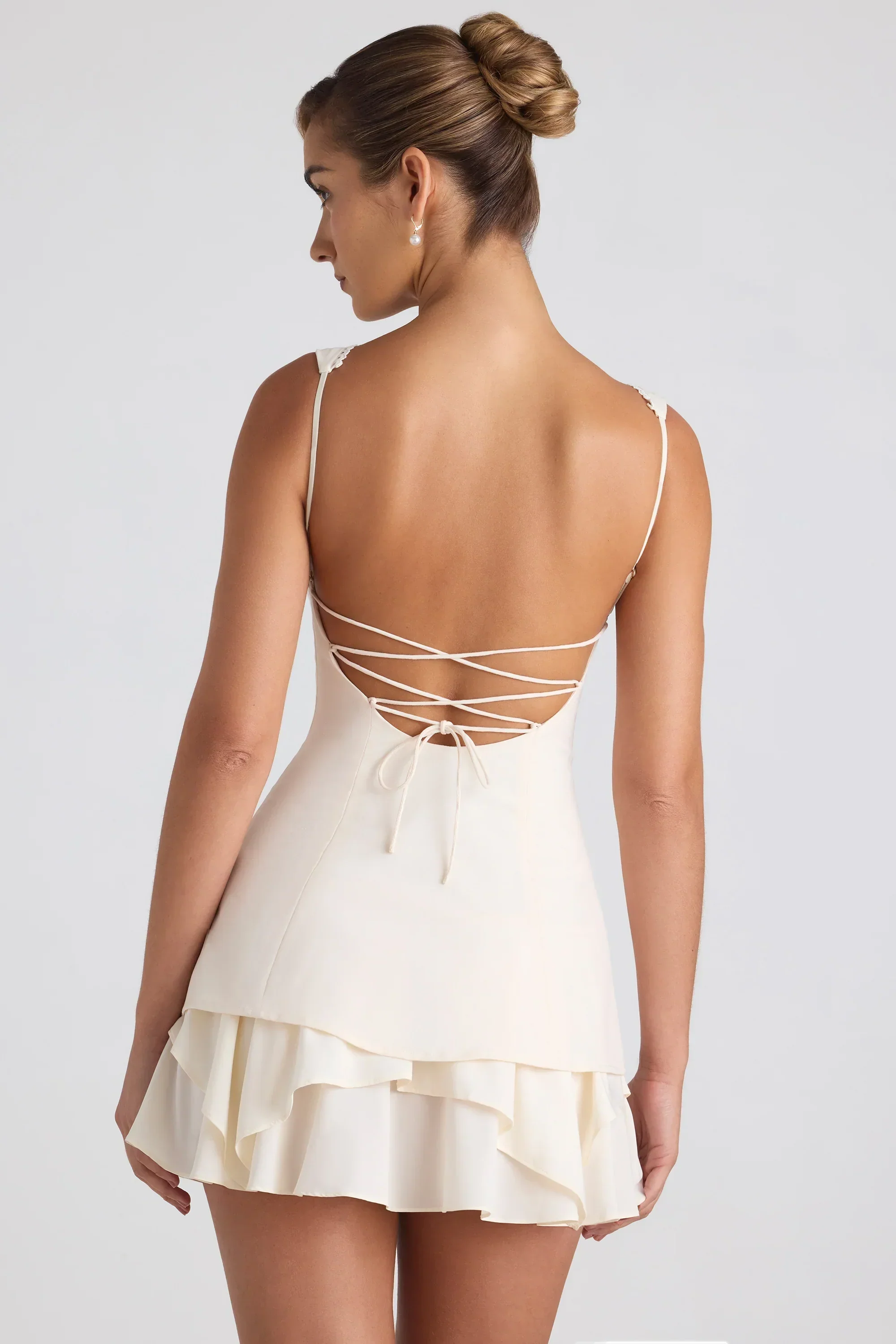 Ruffle-Trim Button-Detail Corset Mini Dress in Ivory - luluinthesky